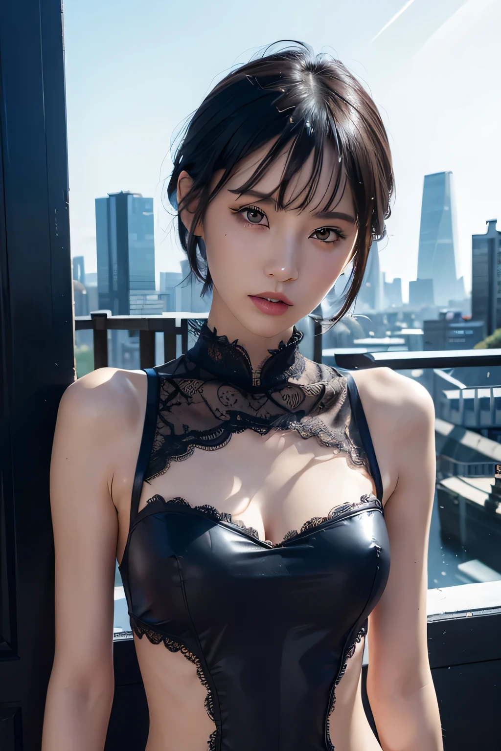 (RAW shooting:1.2)、(Photorealsitic:1.4)、(​masterpiece:1.3)、(top-quality:1.4)、(Beautiful woman with perfect body:1.4)、Japan Young Women、(very extremely beautiful:1.2)、(middlebreasts:1.3)、(Slender and beautiful girl)、7headed body、(Sexy model pose with protruding breasts:1.3)、(beautifully detailed eyes)、(charming big eyes)、(beautiful double eyelid)、(beautiful and detailed face)、(a short bob:1.3)、oblique bangs、Look at viewers、Face straight ahead、(Classy dresses、Sleeveless:1.3)、(beautiful thigh)、