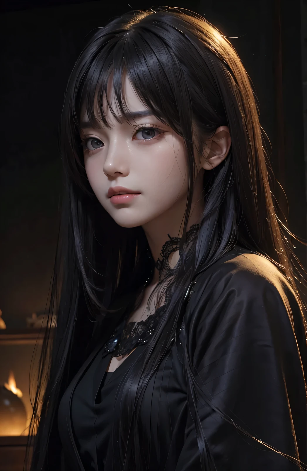 (surreal), (revelation), (Resolution enhancement), (8k), (a very detailed), (The best revelationns),, (top quality), (a very detailed), (Masterpiece), (wallpaper), (Detailed face), alone, 1 girl, looking at the audience, fine details, Detailed face, in the darkness, Deep shadows, low profile, purebred face_v1, Smile, long hair, Black shawl straight hair , 46 points slanted bangs,(cry like ), sad expression, Very tangled.