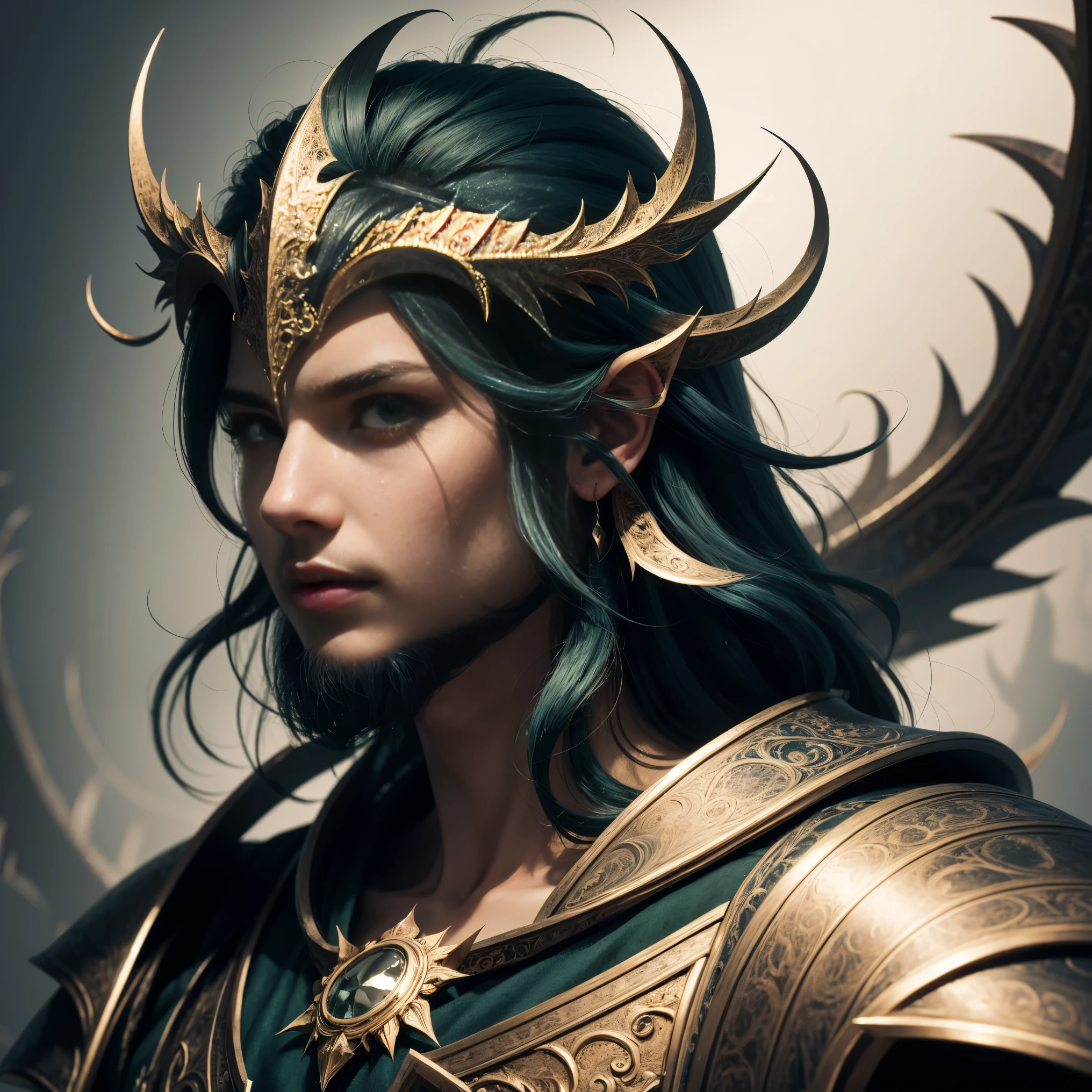 ((best quality)), ((masterpiece)), ((ultra realistic)), beautiful intricately detailed soft oil painting,close up portrait, (the great god Pan, intricately detailed monster male masculine faun face:1.2), rams horns, evil eyes, filigree, (anger, rage hate, ornate helm, monstrous, pointed teeth:1.4), animal like facial features, wide sinister grin, ultra detailed, detailed face, intricate details, (highly detailed), professional, masterpiece,realistic, roughness, detailed background,