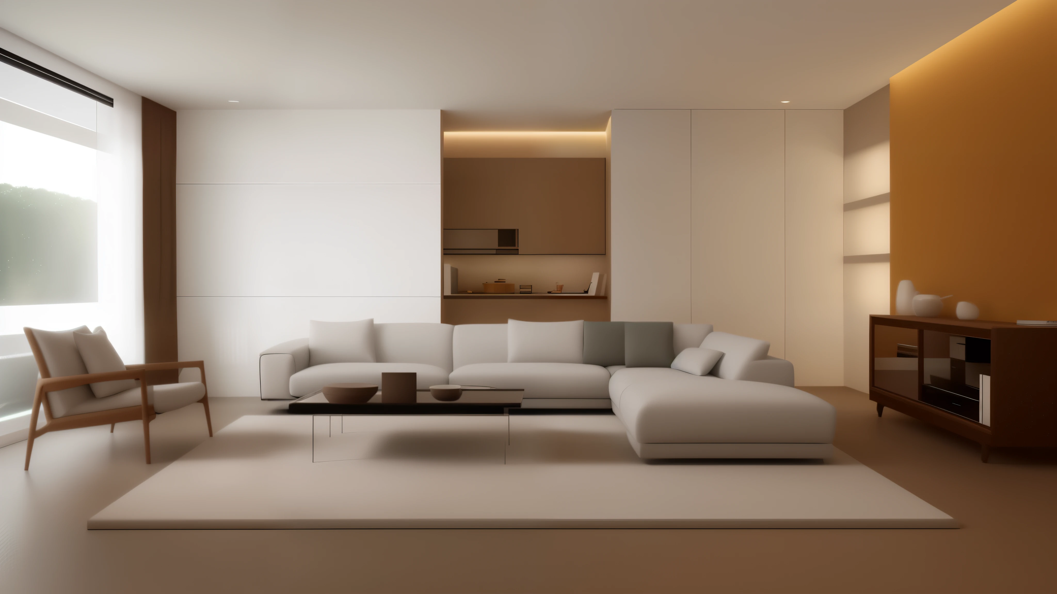 Alafid living room with white sofa and coffee table, Modern and simple, elegant minimalism, Modern and simple设计, Simple and clean, maximalist interior design, minimally modern, Modern and simple, minimalist design, modern living room, simple furniture, Warm ambient lighting, Neutral plane lighting, Soft ambient lighting, bright ambient lighting, white accent lighting, glowing white accent lighting