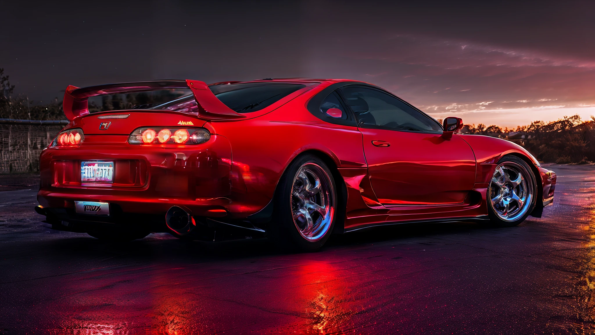 a close up of a red sports car with neon lights, honda nsx, car with holographic paint, hyper realistic”, hyper realistic ”, neon lit, red neon, 3840x2160, 3840 x 2160, with neon lighting, neon glowing, hdrp render, desktop background, hyper real render