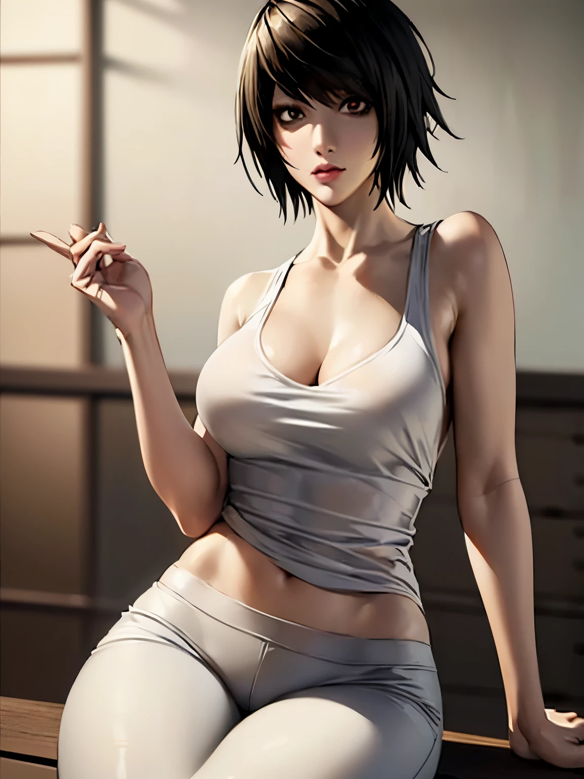 ((ultra quality)), ((Masterpiece)), L Lawliet Death Note, (Female version), ((Black short hair)), (Beautiful face), (beautiful female lips), (), charming, ((neutral facial expression)), looks at the camera, (Skin color white), (White skin), glare on the body, ((Detailed eyes)), ((Brown eyes)), (juicy female lips), (dark eyeliner), (beautiful female hands), ((Ideal female figure)), Ideal female body, beautiful waist, beautiful hips, Medium breasts, ((subtle and beautiful)), seductive sitting (), (Dressed in a white tank top, black trousers) background: Japanese apartment, ((depth of field)), ((high quality clear image)), (clear details), ((High detail)), realistically, professional photo session, ((Clear Focus))