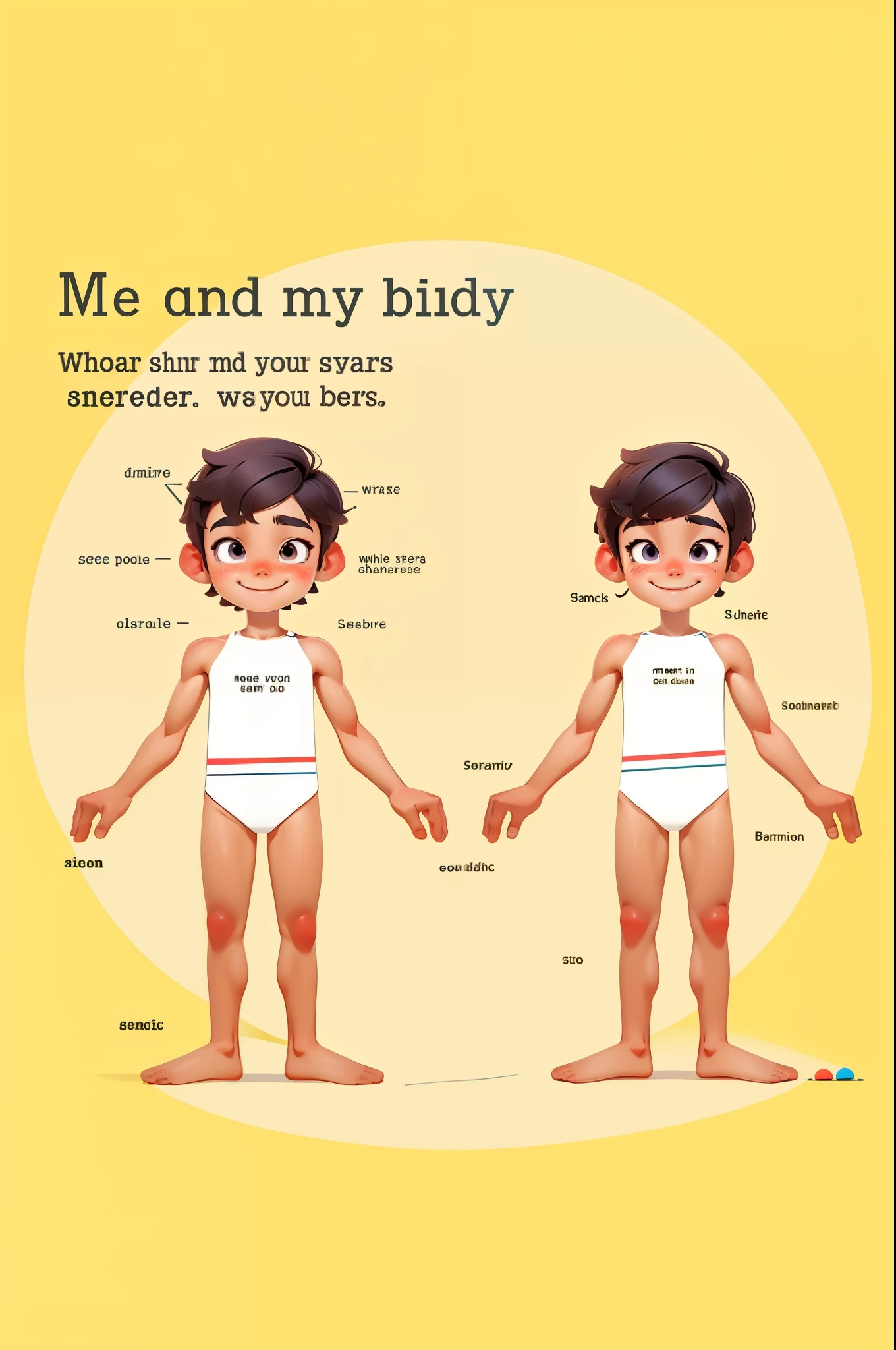 Cartoon of a boy and a girl,Their names are written on them, face and Physical characteristics, body parts, human body parts, full body view, Physical characteristics, head and body, whole body, human body, whole body, face and body, body parts everywhere, highly symmetric body parts, Colorful children's book illustrations, proportionate body parts,Smile,cute eyes,