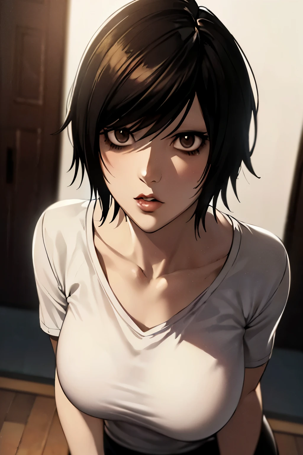 ((ultra quality)), ((Masterpiece)), L Lawliet Death Note, (Female version), ((Black short hair)), (Beautiful face), (beautiful female lips), (), charming, ((neutral facial expression)), looks at the camera, (Skin color white), (White skin), glare on the body, ((Detailed eyes)), ((Brown eyes)), (juicy female lips), (dark eyeliner), (beautiful female hands), ((Ideal female figure)), Ideal female body, beautiful waist, beautiful hips, Medium breasts, ((subtle and beautiful)), seductive sitting (), (wearing a white T-shirt and black pants) background: dark apartment, ((depth of field)), ((high quality clear image)), (clear details), ((High detail)), realistically, professional photo session, ((Clear Focus))