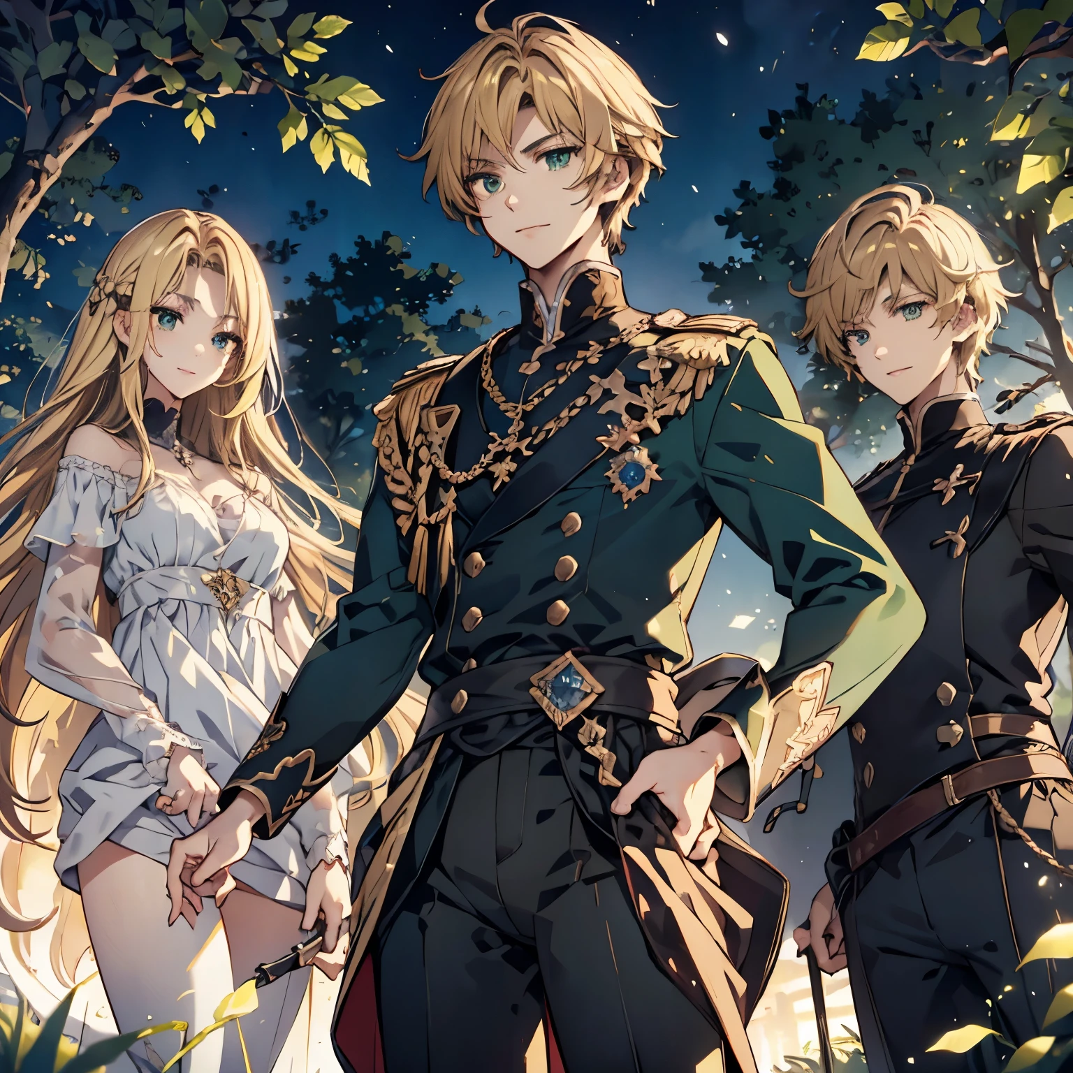 male、Prince、green eyes、perfect appearance、elegant、illustration、cartoon、noble、gentle smile、dull blonde hair