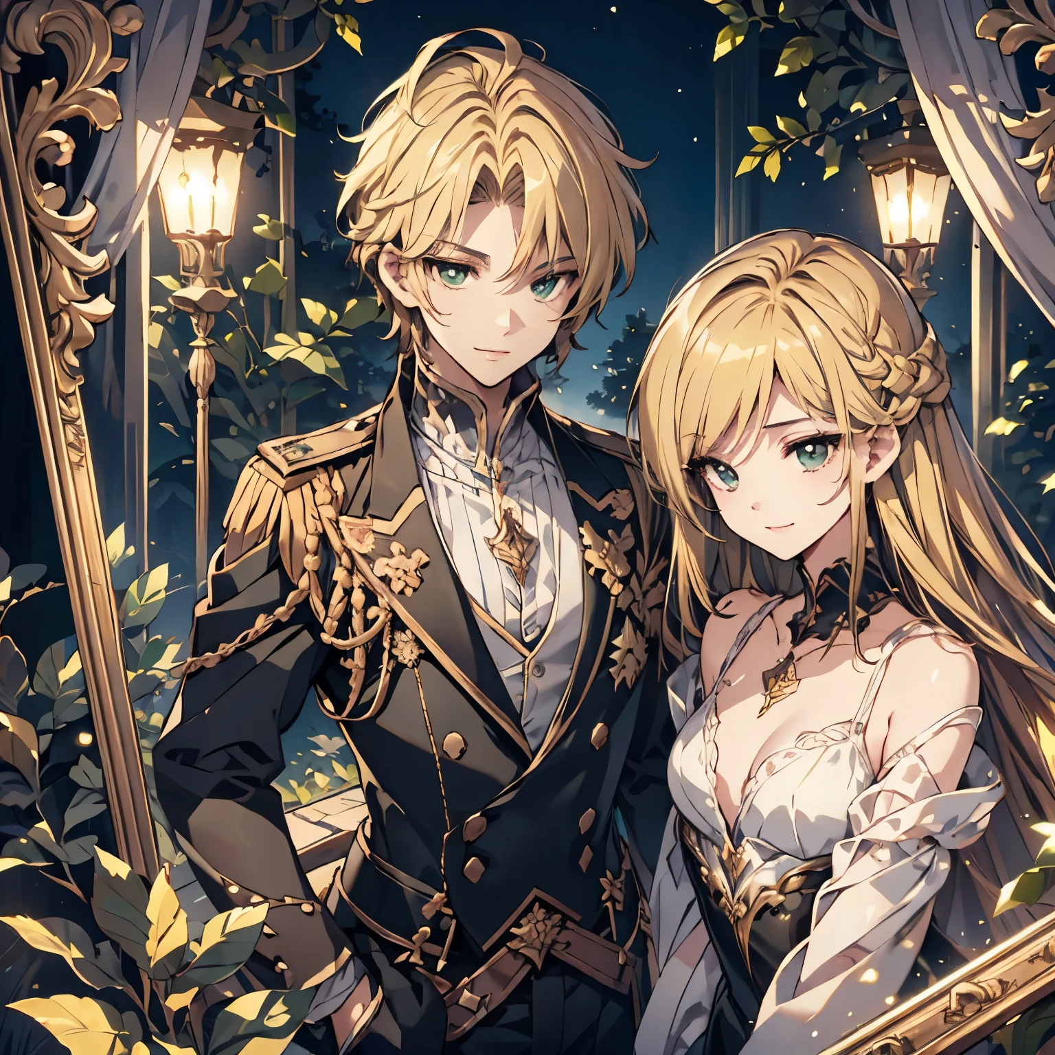 anime couple in uniform posing for picture in front of red curtain, from girls frontline, zerochan art, fine details. girls frontline, detailed key anime art, wlop and sakimichan, girls frontline style, delicate androgynous prince, zerochan, beautiful androgynous prince, kawacy, genshin, girls frontline cg, royal portrait, ultra detailed