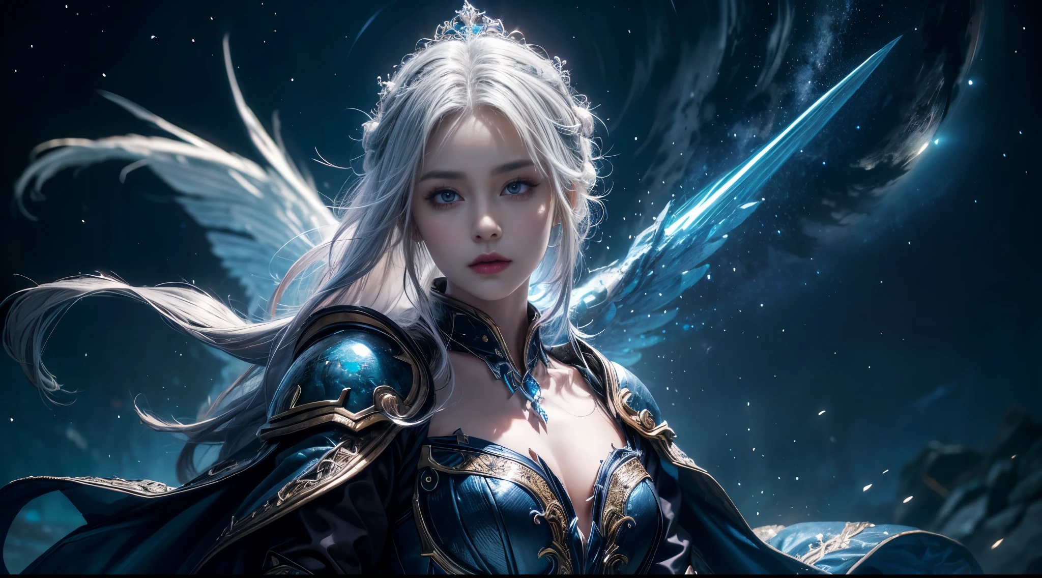 original photo, (best quality:1.3), high resolution, (masterpiece), (lifelike:1.4), Professional photography, sharp focus, high dynamic range, 8k resolution, intricate details, Exquisite details, depth of field, Extremely detailed CG unified 8k wallpaper, masterpiece,poster,best quality,official art,(Beauty and Aesthetics:1.2),(masterpiece:1.3),World of Warcraft,woman,individual,Complex mage robes,Glowing scepter,magic,close distance,night sky,white hair,dramatic,black feather wings