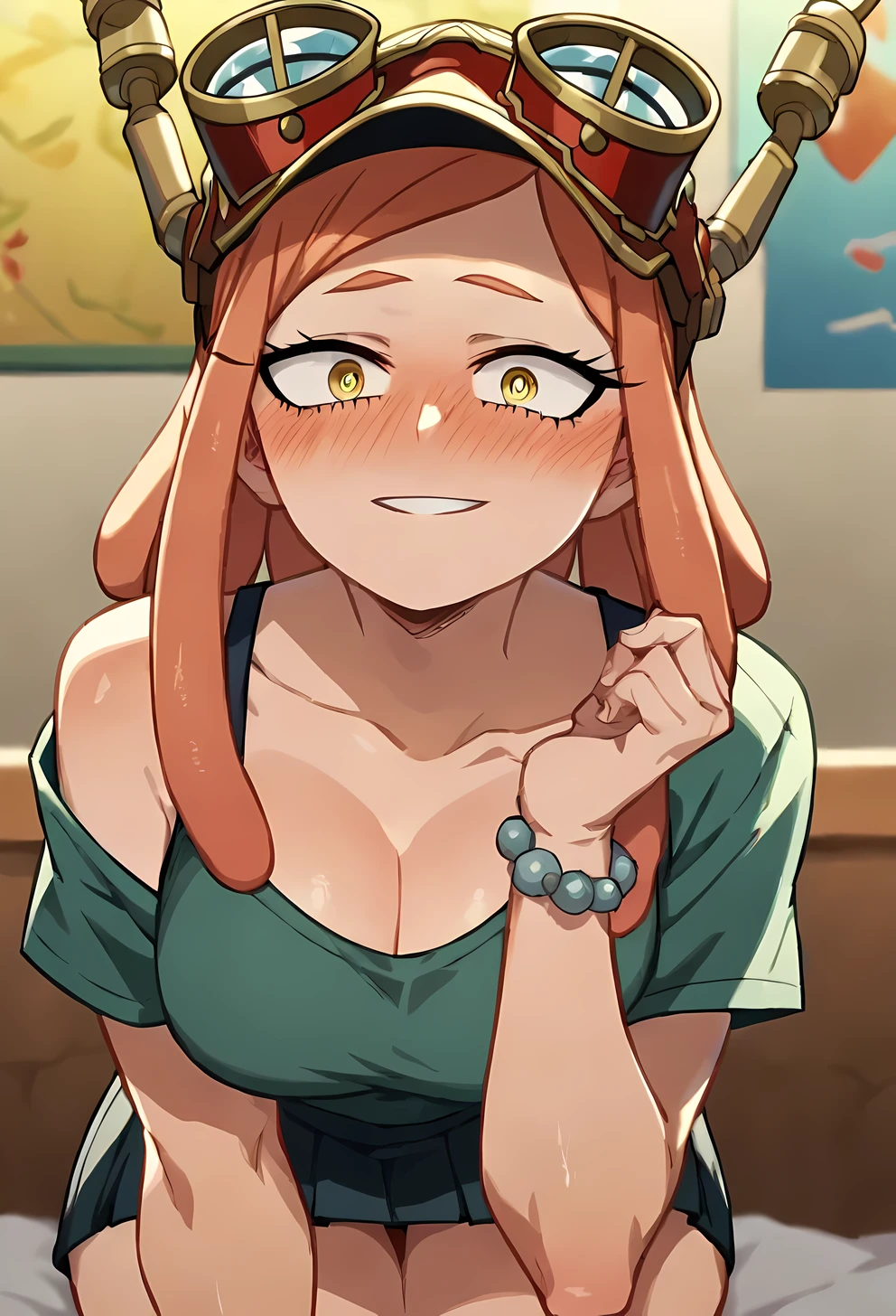 score_9, score_8_up, score_7_up, score_6_up, score_5_up, score_4_up, NSFW, Partial Nudity, (Mei Hatsume:0.8), (anime Screencap) detailed yellow eyes, emotive face, blushing, Big Anime breasts, 2d Body, My Hero Academia Anime Style, bedroom