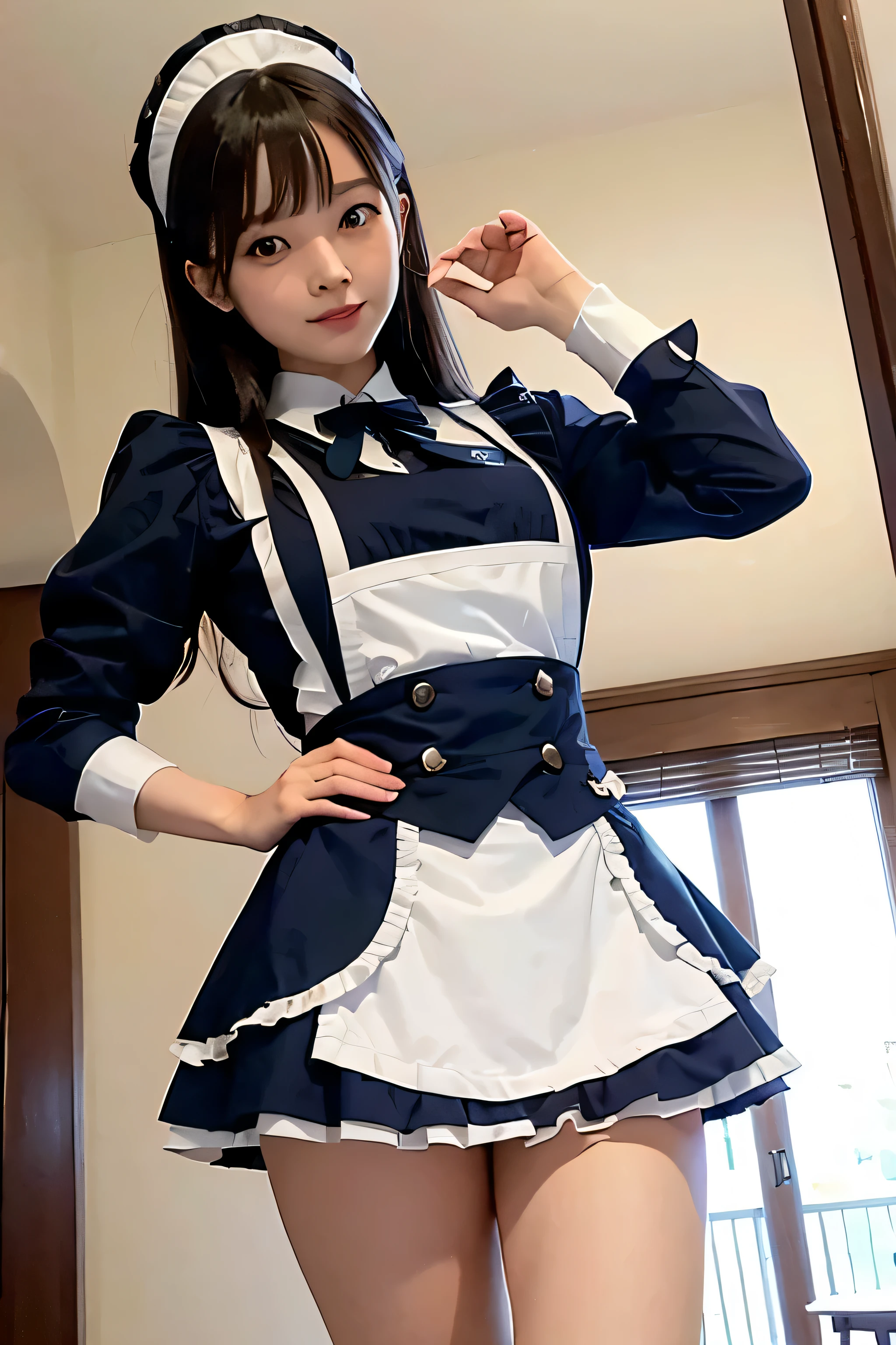 ((miniskirt maid clothes))、front、whole body、(((photo taken from below)))、one beautiful adult maid、((long navy hair))、indoor