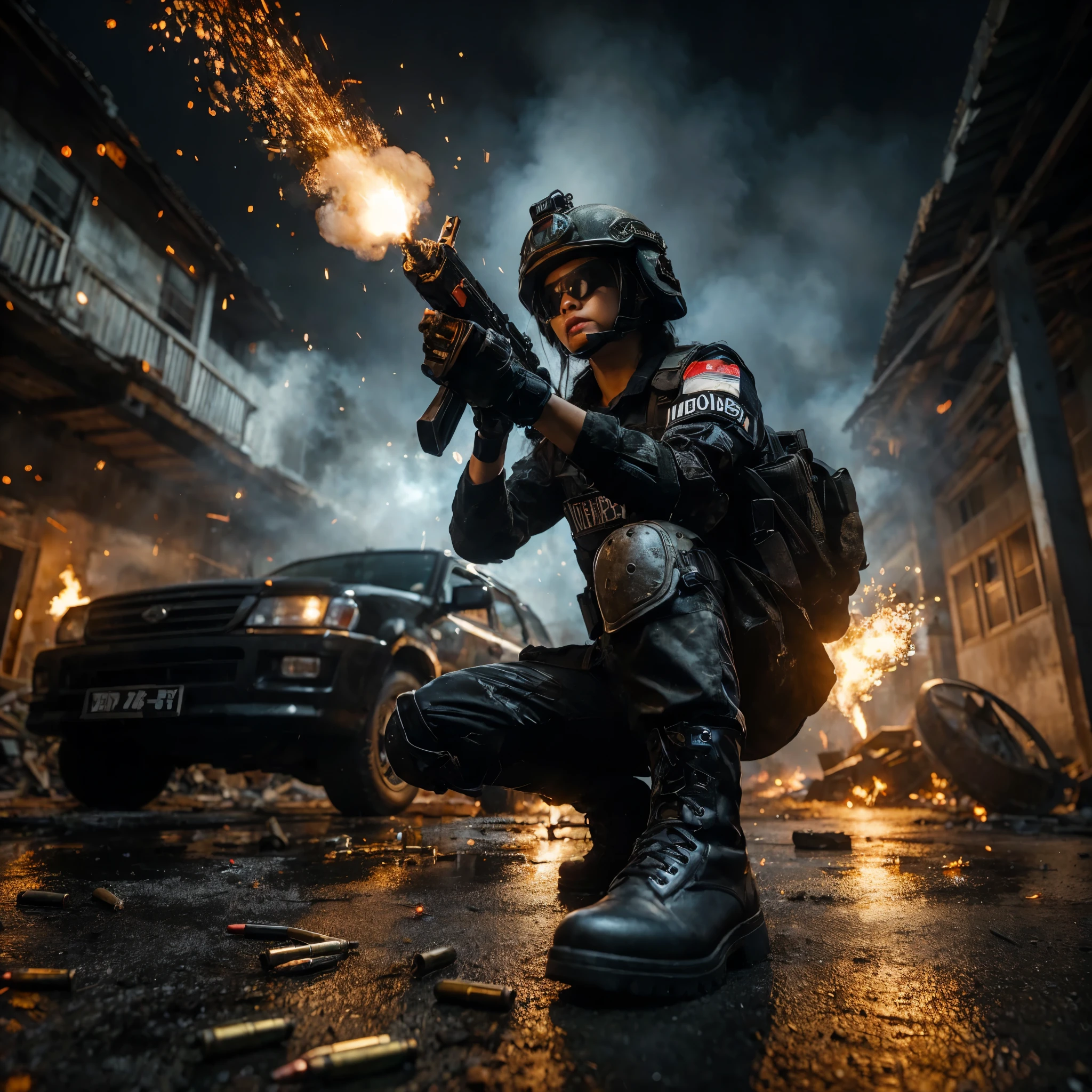 super low angle shot from below,beautiful indonesian woman,wearing a special forces indonesian army outfit,dark night,war simulation,fire gun shot effect,lots of toy bullet in the flour,smoke and sparks fire effects,standing on top enemys body,enemy light brown outfit, background is destroyed buildings burn and car army,epicrealism,atmospheric impressionism,film dramatic realism,MidJourney v6 realism,cinematic photo, hard focus realism --ar 36:61 --stylize 750 --v6