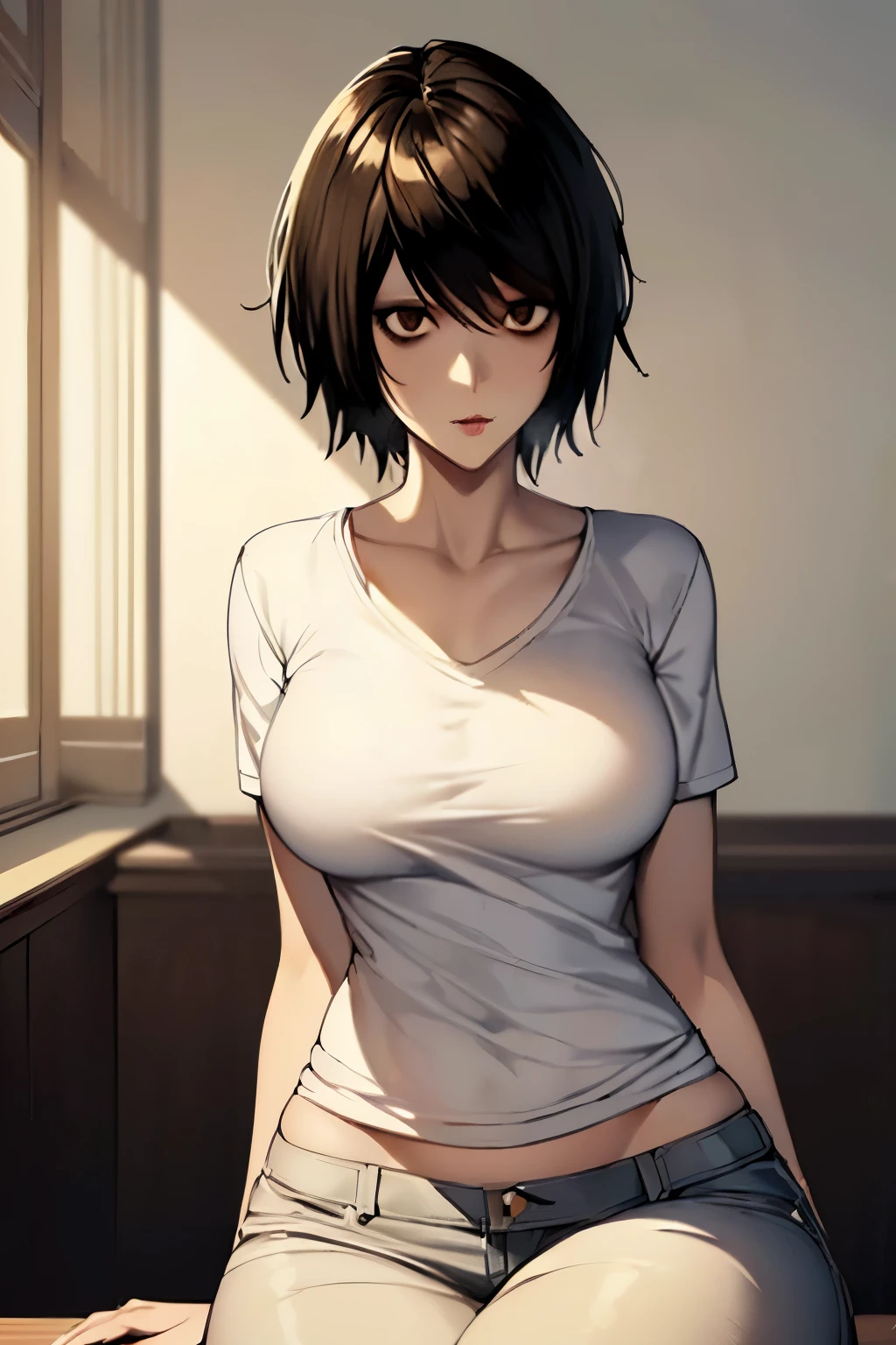 ((ultra quality)), ((Masterpiece)), L Lawliet Death Note, (Female version), ((Black short hair)), (Beautiful face), (beautiful female lips), (), charming, ((neutral facial expression)), looks at the camera, (Skin color white), (White skin), glare on the body, ((Detailed eyes)), ((Brown eyes)), (juicy female lips), (dark eyeliner), (beautiful female hands), ((Ideal female figure)), Ideal female body, beautiful waist, beautiful hips, Medium breasts, ((subtle and beautiful)), seductive sitting (), (wearing a white T-shirt and black pants) background: dark apartment, ((depth of field)), ((high quality clear image)), (clear details), ((High detail)), realistically, professional photo session, ((Clear Focus))