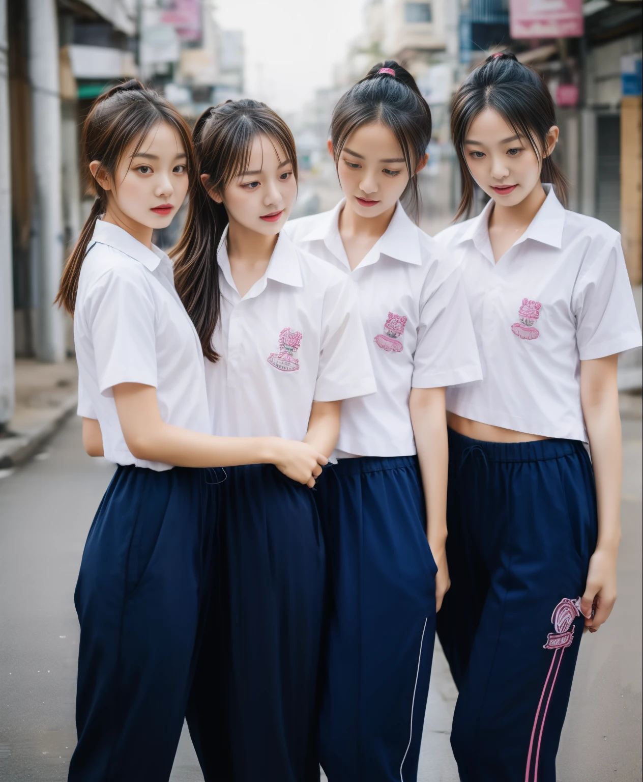3 girls in a Bangkok alley, Blue short-sleeved shirt,Sweatpantsขายาวสีกรมท่า,Sweatpants, Sweatpantsขายาว,25 year old girl, lesbian, sexy, exercise clothes, wet body, exercise clothes