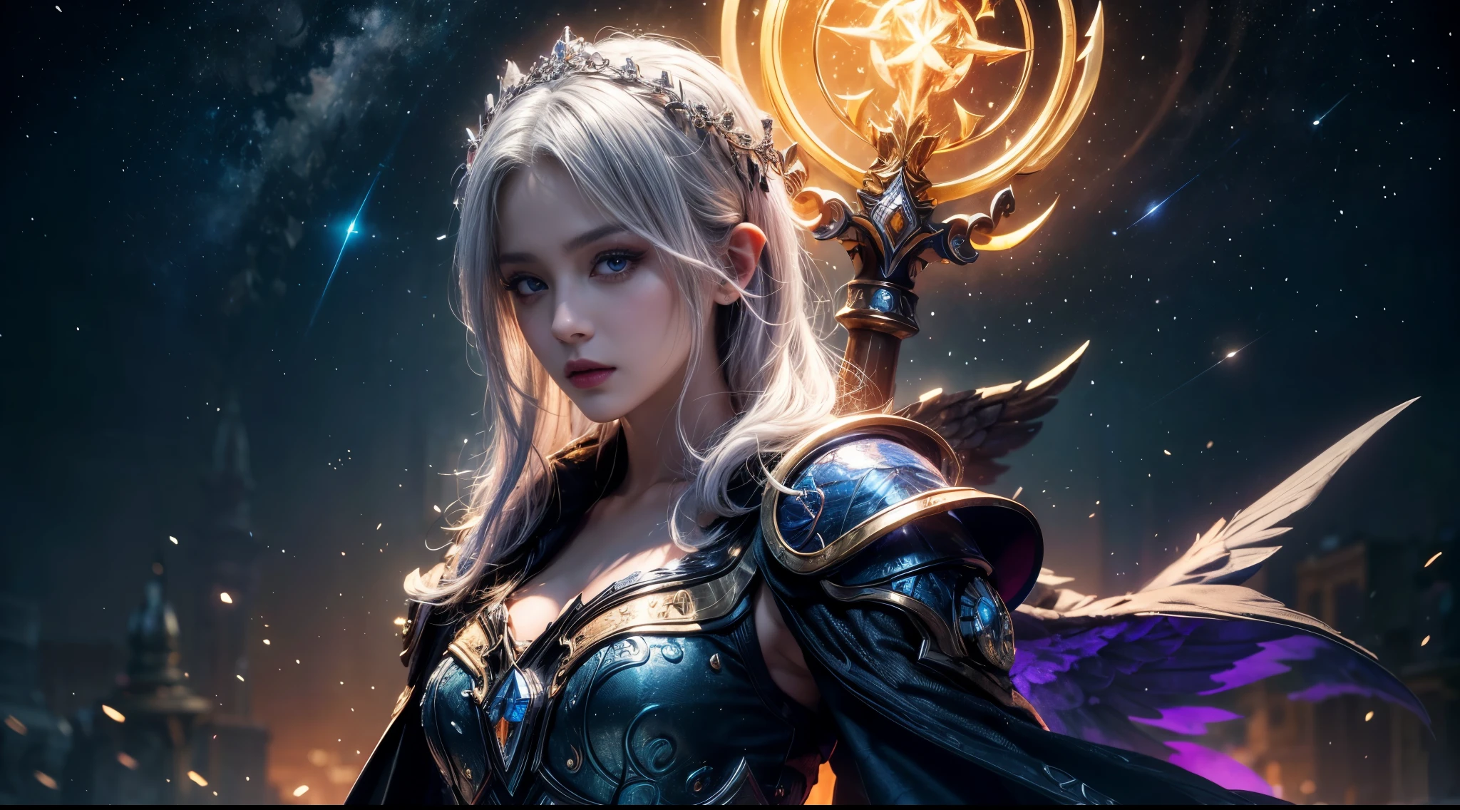 original photo, (best quality:1.3), high resolution, (masterpiece), (lifelike:1.4), Professional photography, sharp focus, high dynamic range, 8k resolution, intricate details, Exquisite details, depth of field, Extremely detailed CG unified 8k wallpaper, masterpiece,poster,best quality,official art,(Beauty and Aesthetics:1.2),(masterpiece:1.3),World of Warcraft,woman,individual,Complex mage robes,Glowing scepter,magic,close distance,night sky,white hair,dramatic,black feather wings