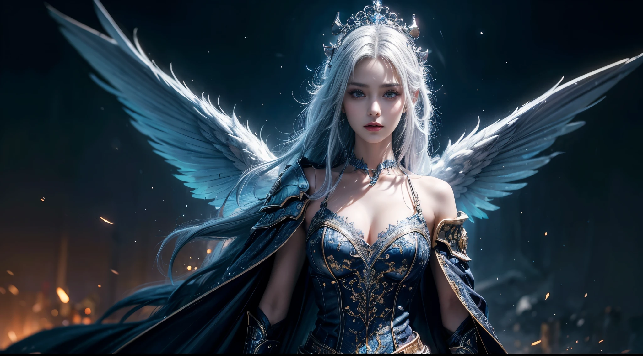 original photo, (best quality:1.3), high resolution, (masterpiece), (lifelike:1.4), Professional photography, sharp focus, high dynamic range, 8k resolution, intricate details, Exquisite details, depth of field, Extremely detailed CG unified 8k wallpaper, masterpiece,poster,best quality,official art,(Beauty and Aesthetics:1.2),(masterpiece:1.3),World of Warcraft,woman,individual,Complex mage robes,Glowing scepter,magic,close distance,night sky,white hair,dramatic,black feather wings