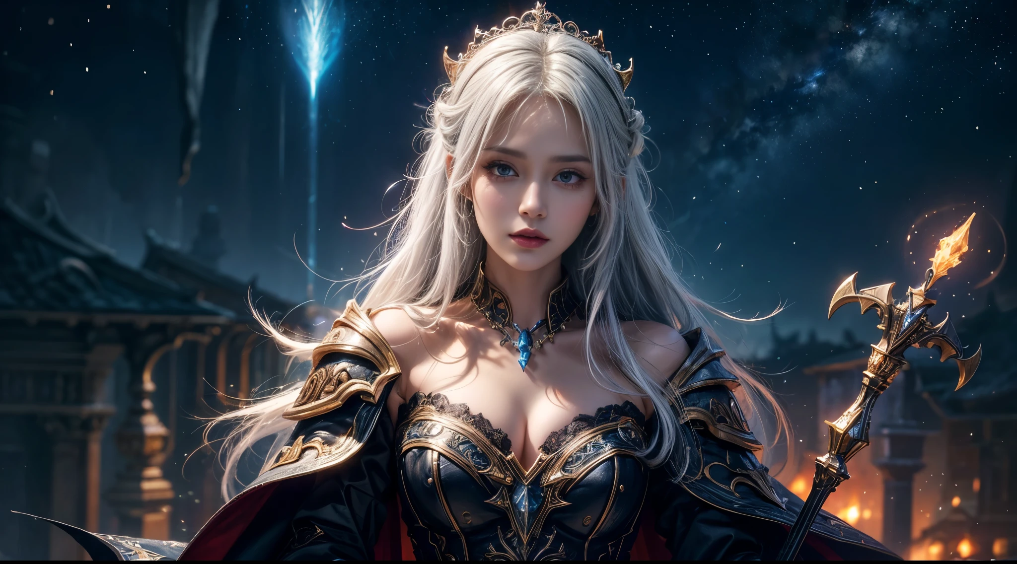 original photo, (best quality:1.3), high resolution, (masterpiece), (lifelike:1.4), Professional photography, sharp focus, high dynamic range, 8k resolution, intricate details, Exquisite details, depth of field, Extremely detailed CG unified 8k wallpaper, masterpiece,poster,best quality,official art,(Beauty and Aesthetics:1.2),(masterpiece:1.3),World of Warcraft,woman,individual,Complex mage robes,Glowing scepter,magic,close distance,night sky,white hair,dramatic,black feather wings