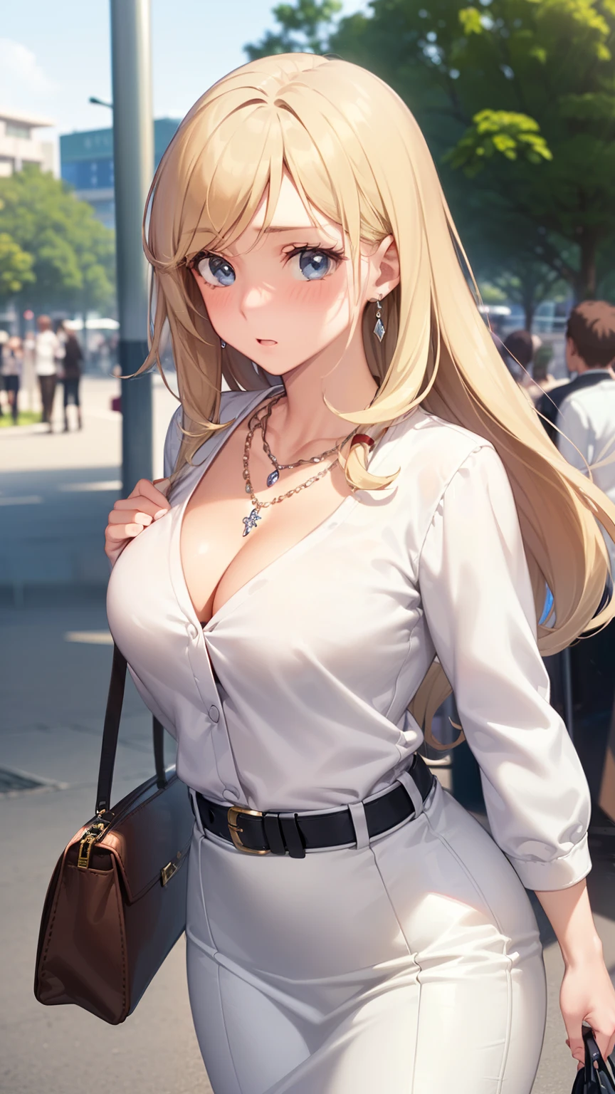 ((masterpiece, highest quality, High resolution, Hmm, RTX, perfect pixel, Depth of the bounds written, 4k, very detailed))), 1 girl, single, alone, beautiful anime girl, beautiful art style, anime character, ((long hair, parted bangs, middle part bangs, blonde hair)), ((blue eyes:1.4, round eyes, beautiful eyelashes, realistic eyes)), ((detailed face, blush:1.2)), ((smooth texture:0.75, realistic texture:0.65, realistic:1.1, Anime CG style, Bright colors)), ((medium breasts, cleavage:0.9, Big breasts)), dynamic angle, perfect body, ((throw, dynamic pose, close)), ((white sweater, long sleeve, black skirt, Women's Belts, Snazzy, single handbag, 1 Diamond Necklace)), open your mouth, embarrassing, amusement park