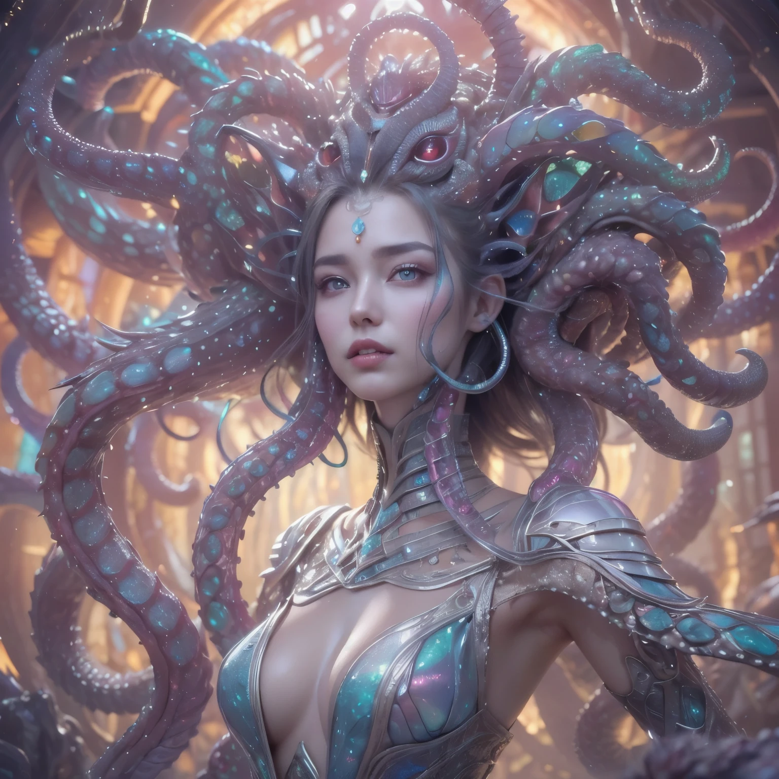 (1 beautiful and obscene female alien:1.4), (There is a female genital-like organ in the middle of her forehead:1.95), She has medusa-like hair, (there are lots of translucent tentacles from her head like her hair:1.5), (vulgarity1.7), (she is looking down at viewers with glowing white eyes with no pupils:1.6), (She has translucent pale skin:1.4),(She has the most beautiful face in the history of the universe:1.2), (She has multiple bioluminescent organs on the side of her tentacles:1.4), (Her body is covered with an iridescent exoskeleton:1.4), (She is showing her arm pits:1.6), an evil gaze that seduces, (looking down at viewers:1.4),(Vampire-like long canine teeth can be glimpsed through the gap between the cute lips:1.4) (bio luminescent:1.4), (Smile wickedly:1.3), (sexypose:1.4), alien, No humans, cells are fused, extraterrestrial, cell, bio image, ultra high resolution, (photos realistic:1.7), (Numerous award-winning masterpieces, with incredible detail, textures and maximum detail), Dramatic Lighting, cinematic quality, (exquisite details:1.2), High freshness, drawing faithfully, (Thick eyebrows:1.2), Beautiful eyes with fine symmetry,(Highly detailed face and eyes:1.2),(Super detailed skin quality feeling:1.4), perfect anatomy, (Beautiful toned body:1.5), (Moist skin:1.2), not wearing makeup, (dark circles:1.1), long canines, cinematic drawing of characters, cinematic quality, (exquisite details:1.2), high resolution, High freshness, drawing faithfully, official art, Unity 8K Wall paper, ultra detailed artistic photography, midnight aura, unreal engine 5, Ultra Sharp Focus, art by MUCHA, art by Amano Yoshitaka, ArtGerm, ultra realistic realism, dream-like, Creation of fantasy, dream Snail, (biopunk nautilus:1.3),Thrilling color schemes, seductively smiling, Amazing mutation, well-proportioned body, goddess of the deep sea, fractal, Geometric pattern, impossible figures, subtle emerald green accents, (expression of ecstasy:1.5)