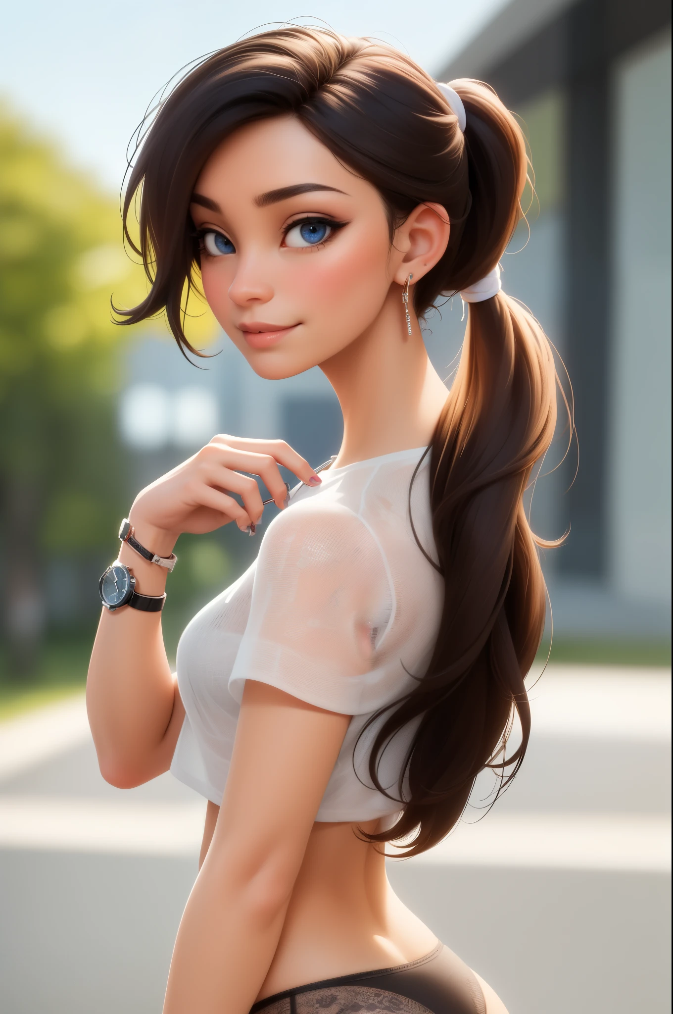 (masterpiece, best quality, ultra-detailed, highres, 4k),(beautiful detailed eyes),(very detailed face),(1girl),HDR,long hair, panties, blue eyes, brown hair, bracelet, see through crop top, jewelry, watch, lips, solo focus, nail polish, ponytail, blurry background, smirk, wristwatch, realistic, looking back at viewer