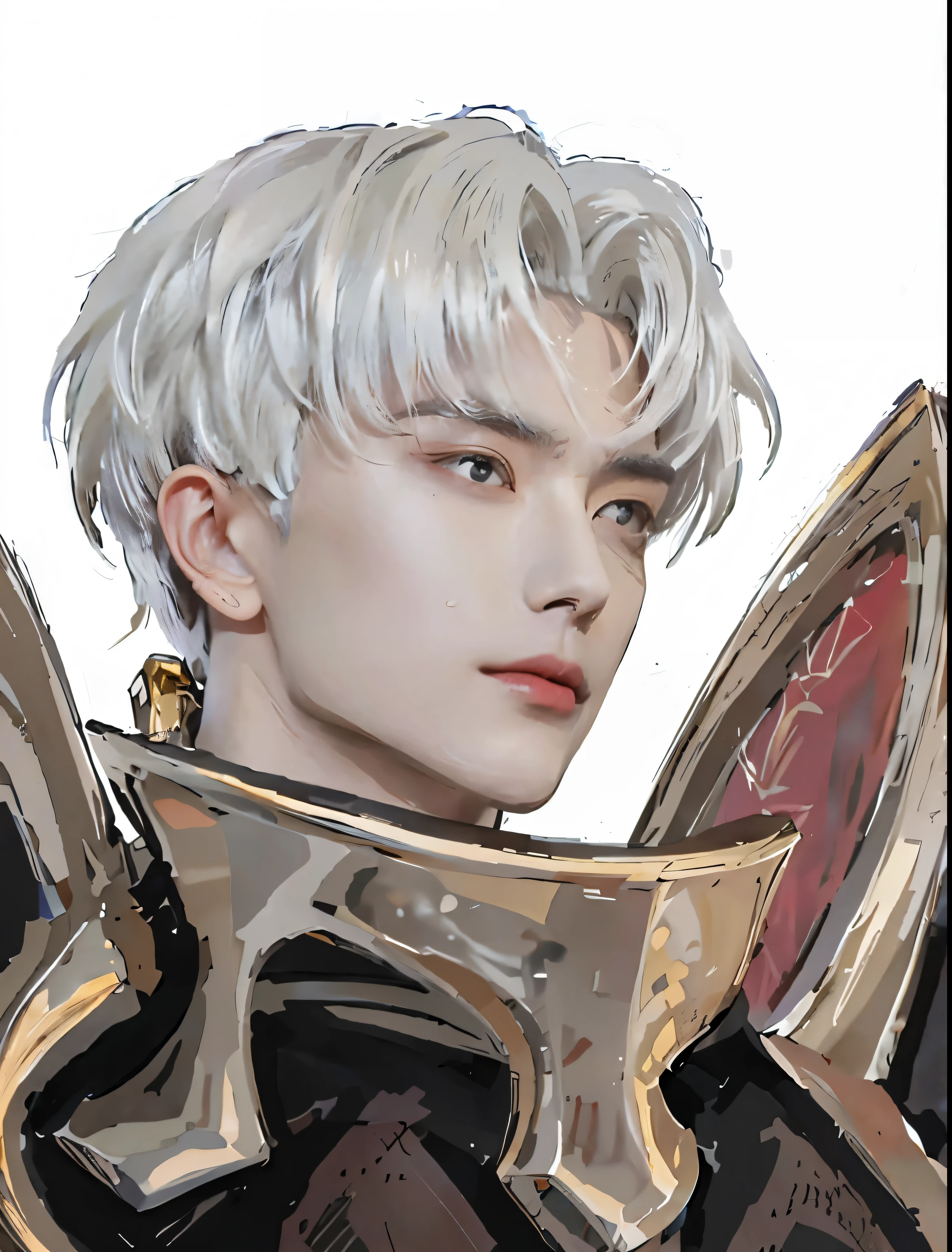 a close up of a person with a white hair and a sword, inspired by Li Chevalier, handsome guy in demon slayer art, delicate androgynous prince, beautiful androgynous prince, he has dark grey hairs, portrait of a dnd character, white haired deity, picture of a male cleric, detailed anime character art, portrait of dragoon