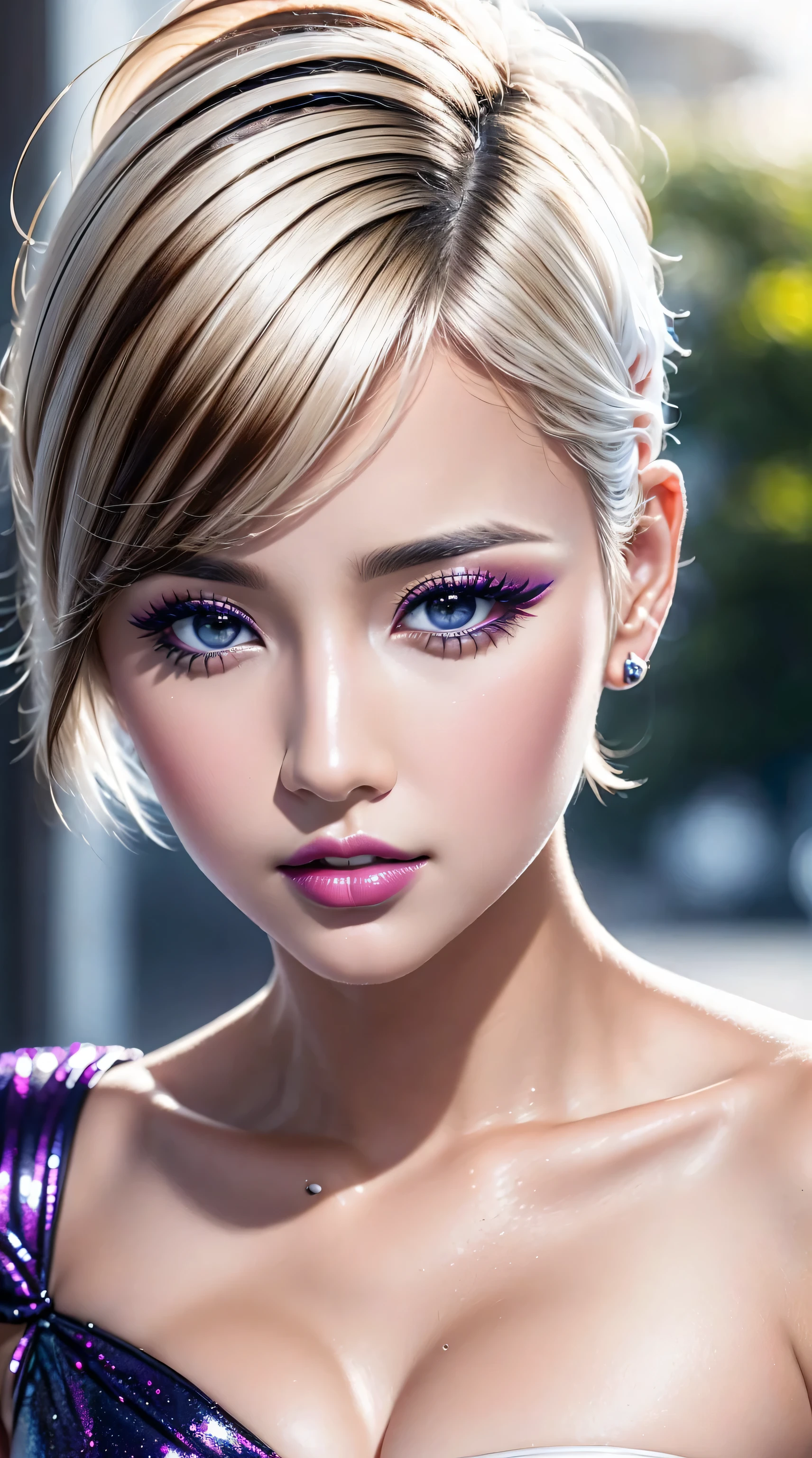 ((perfect round eyes))、dressed, (photo realistic:1.7), (realistic:1.7), (smoother lighting:1.05), (increase cinematic lighting quality:0.9), 16K, 1girl,25yo girl, realistic lighting, backlighting, light on face, ray trace, (brightening light:1.2), (Increase quality:1.2), (best quality real texture skin:1.4), ((finely detailed eyes)), finely detailed face, ((finely quality eyes)), (tired and sleepy and satisfied:0.0), ((face closeup:1.3)), bikini, korean girl, (Increase body line mood:1.1), (Increase skin texture beauty:1.15), (pink_makeup:1.3), (2 long_blue_eyeliner:1.15), red_lipstick:1.38、there a close up of a woman's ((eye with a digital rendering)), (perfect dark_violet_eyeshadows:1.3), ((detailed makeup on eyes:1.25)), iridescent eyes, with professional makeup, vibrant eyes:1.2, ((Glamour, paparazzi taking pictures of her), (very complicated Extravagant street outfit), The attention to detail, Double eyelids, Wear an off-the-shoulder top, full bodyesbian，((White short hair:1.33)), ((brown_eyes:1.5)), UHD, Extremely detailed, voluminetric warm lighting,