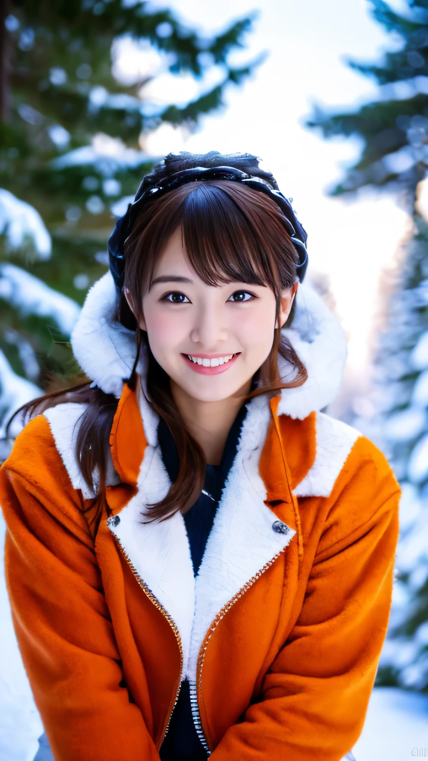 (realistic, photo-realistic:1.4), (extremely detailed 8k wallpaper), bokeh, detailed beautiful eyes and skin, (Image from thighs to head:1.3), (Japanese idol:1.3), 25yo, beautiful woman, smile, large breast, 
Navy blue ski suit with white snowflakes, Thrilling, Snowy mountain slope with pine trees, Ski poles,