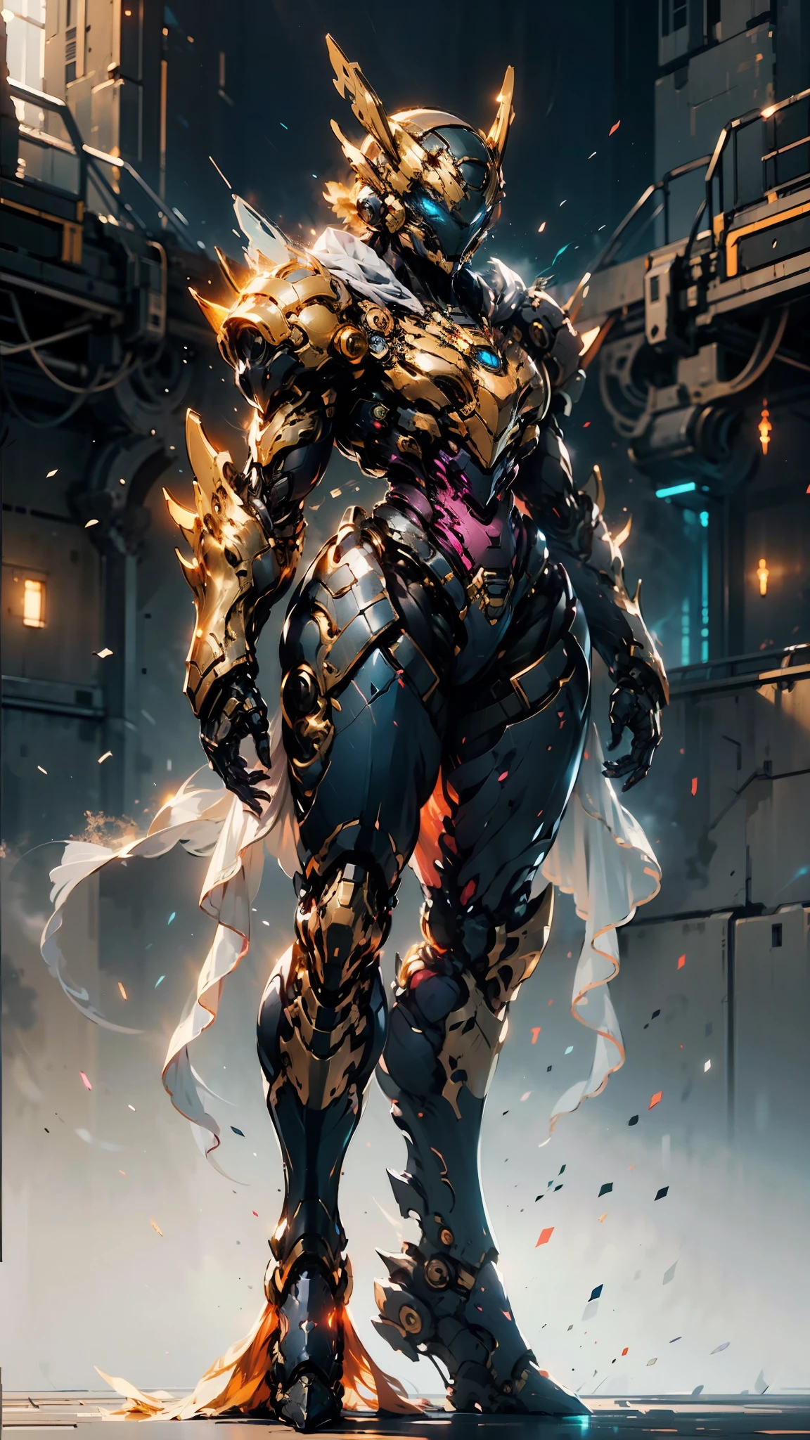 A woman adorned in fantasy-style full-body armor, a crown-concept fully enclosed helmet that unveils only her eyes, a composite layered chest plate, fully encompassing shoulder and hand guards, a lightweight waist armor, form-fitting shin guards, the overall design is heavy-duty yet flexible, (the armor gleams with a golden glow, complemented by red and blue accents), exhibiting a noble aura, she floats above a fantasy-surreal high-tech city, this character embodies a finely crafted fantasy-surreal style armored hero in anime style, exquisite and mature manga art style, (mixture of Queen bee and Spider concept Armor, plasma), ((Element, elegant, goddess, femminine:1.5)), metallic, high definition, best quality, highres, ultra-detailed, ultra-fine painting, extremely delicate, professional, anatomically correct, symmetrical face, extremely detailed eyes and face, high quality eyes, creativity, RAW photo, UHD, 32k, Natural light, cinematic lighting, masterpiece-anatomy-perfect, masterpiece:1.5