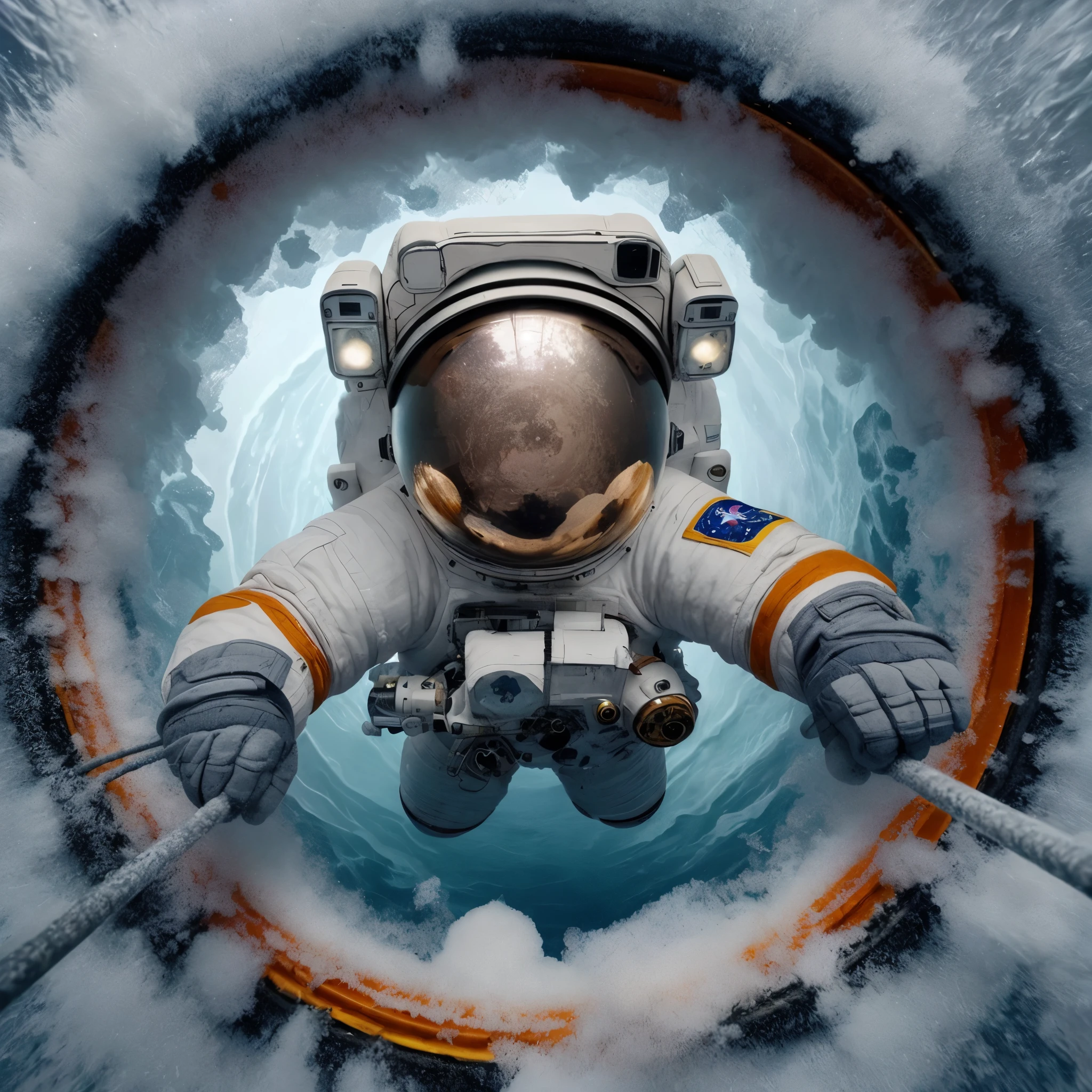 an astronaut in a space suit floating in a hole, astronaut below, an astronaut is under the sea, astronaut in the ocean, an astronaut lost in the ocean, astronaut lost in liminal space, swimming in space, astronaut in space, an astronaut in space, detailed astronaut, inspired by Scott Listfield, astronaut, astronaut floating in space, an astronaut floating in space