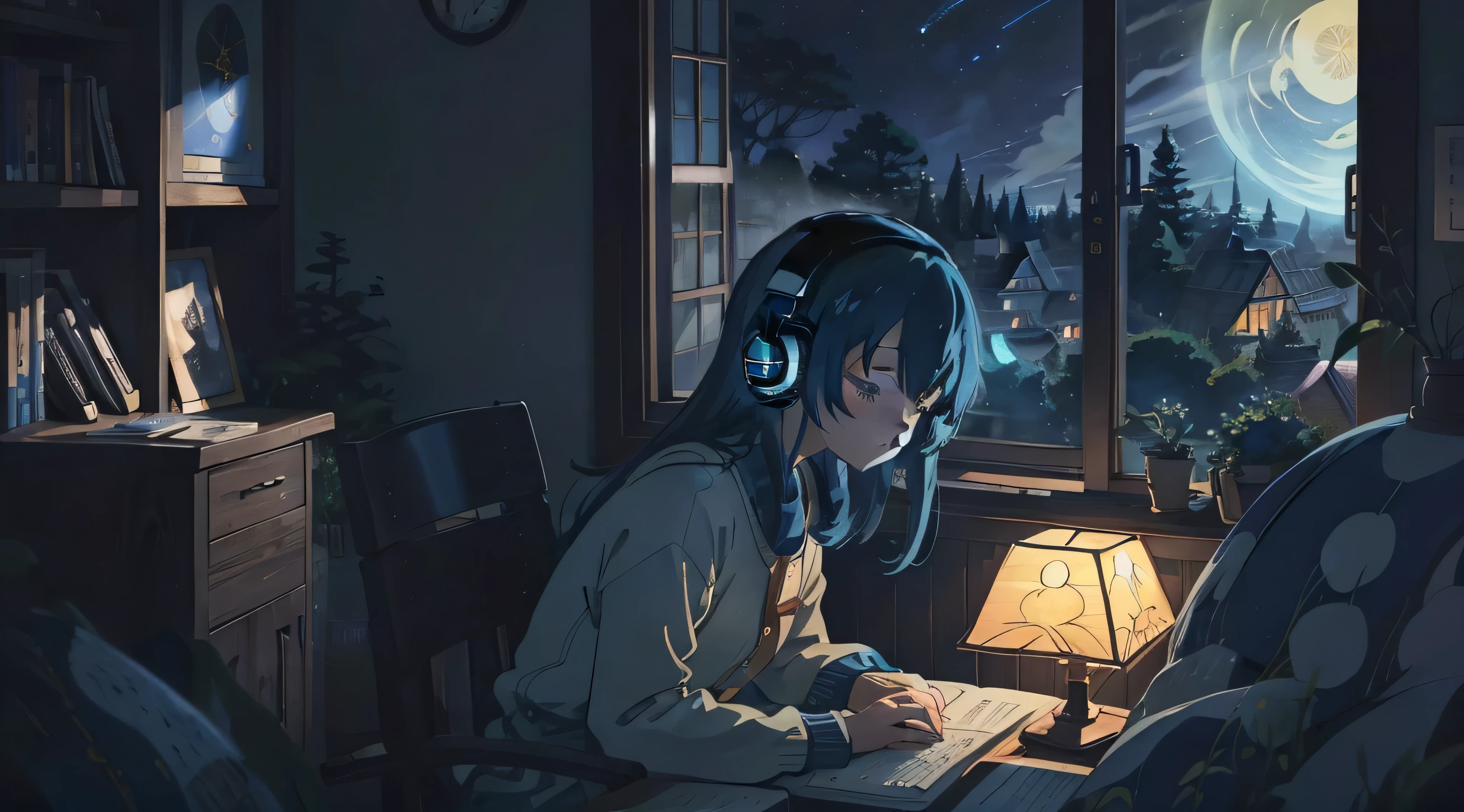 domestic landscape,Night window,girl,ghibli style,. anime style,Blue color scheme,dramatic lighting,long hair,sleep,computer,headphones,Fisheye