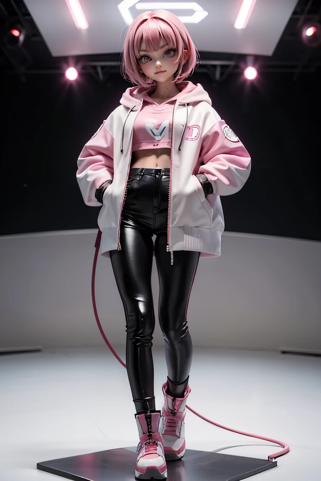 (1beautiful girl), 18 year old, pink bob cut hair, smile, white and vivid pink vinyl jacket, large size jacket, hoodie, (ninja artist)、beautiful hands, futuristic cyberpunk clothes、black vinyl pants、vivid pink vinyl boots、standing, just the Front view、full body, concept art, ((Simple white background))