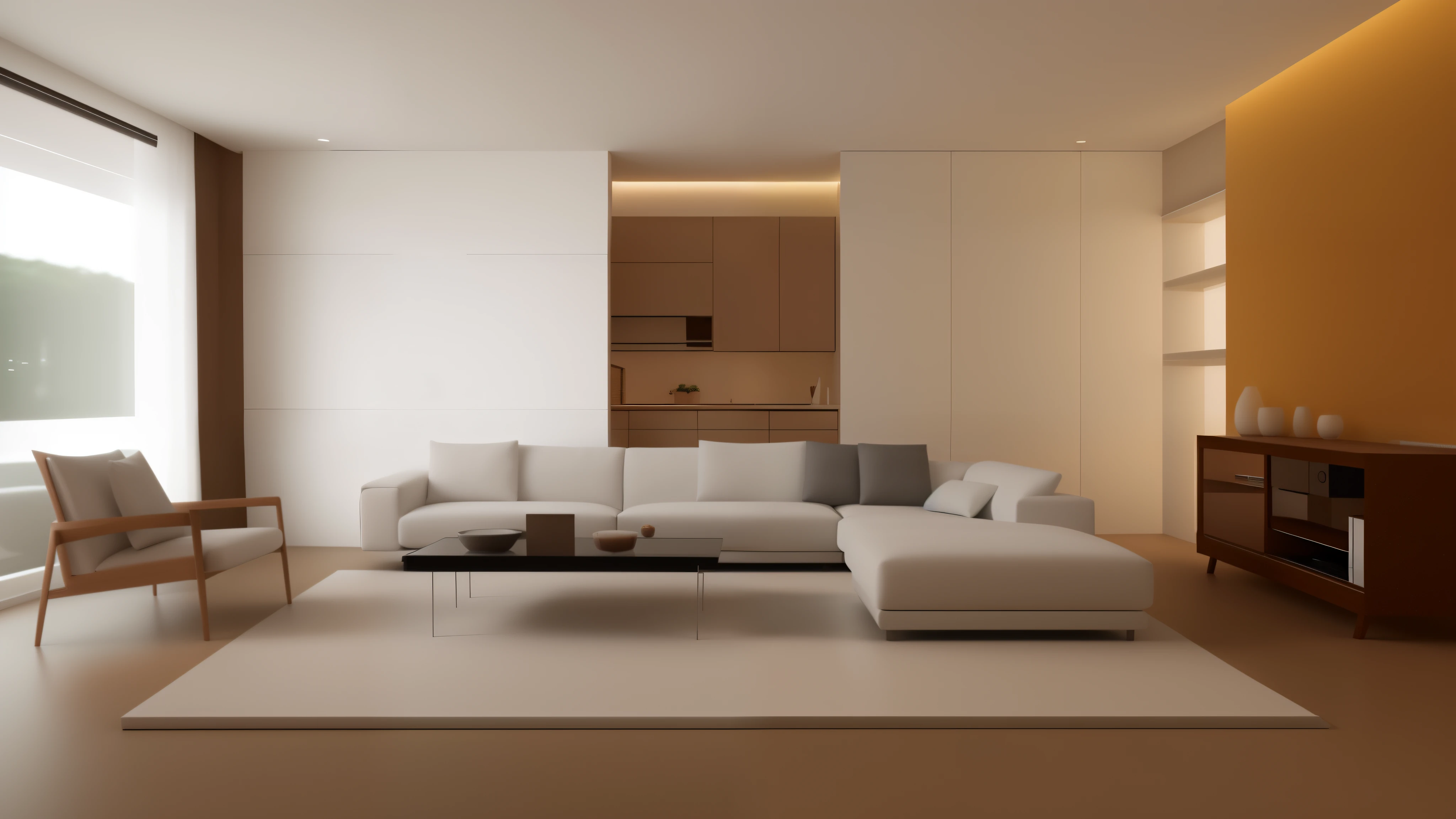 Alafid living room with white sofa and coffee table, Modern and simple设计, Modern and simple, elegant minimalism, maximalist interior design, Simple and clean, minimalist design, Warm ambient lighting, minimally modern, simple furniture, Soft ambient lighting, Crisp 3D rendering, elegant rendering, minimalist lighting, Modern and simple, 3D rendering style, modern living room