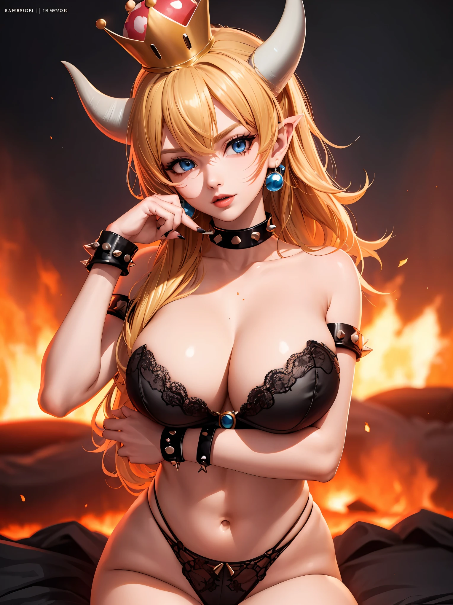 ((high detailed, best quality, 4k, masterpiece, hd:1.3)), ((best quality)), (((HD))), (((8k))), (ultraDH), (ultra HD), Princess Daisy, blue eyes, BREAK blue eyes, seductive, attractive, smooth anime cg art, 36C breasts, long legs, vivid colors, detailed digital art, slim body, perfect skin, dark blonde hair, long hair, blonde hair, blonde hair, BREAK crown, cleavage, 36C cleavage, looking at viewer, BREAK looking at viewer, extremely detailed face, red santa suit, red santa claus suit, santa claus suit, earrings, gem, dark black makeup lips, dark gothic eyeshadows, dark eyeshadows, black eyeshadows, black sexy lips, black lips, (dark:1.2), dark lips, very dark lips, (perfect hands, perfect anatomy), black makeup, black medium lips, black thick lips, detailed fingers, five fingers per hand, 5 fingers, (1 girl), detailed lips, detailed black lips, black painted lips, gothic painted lips, BREAK night, night sky, (breast focus), (arms outstreched:1.2), (from above:1.1), (breasts out:1.3), (off shoulder:1.1), (white horns), (bra), inside a lava castle, she inside a sea of lava, she bathing in lava,