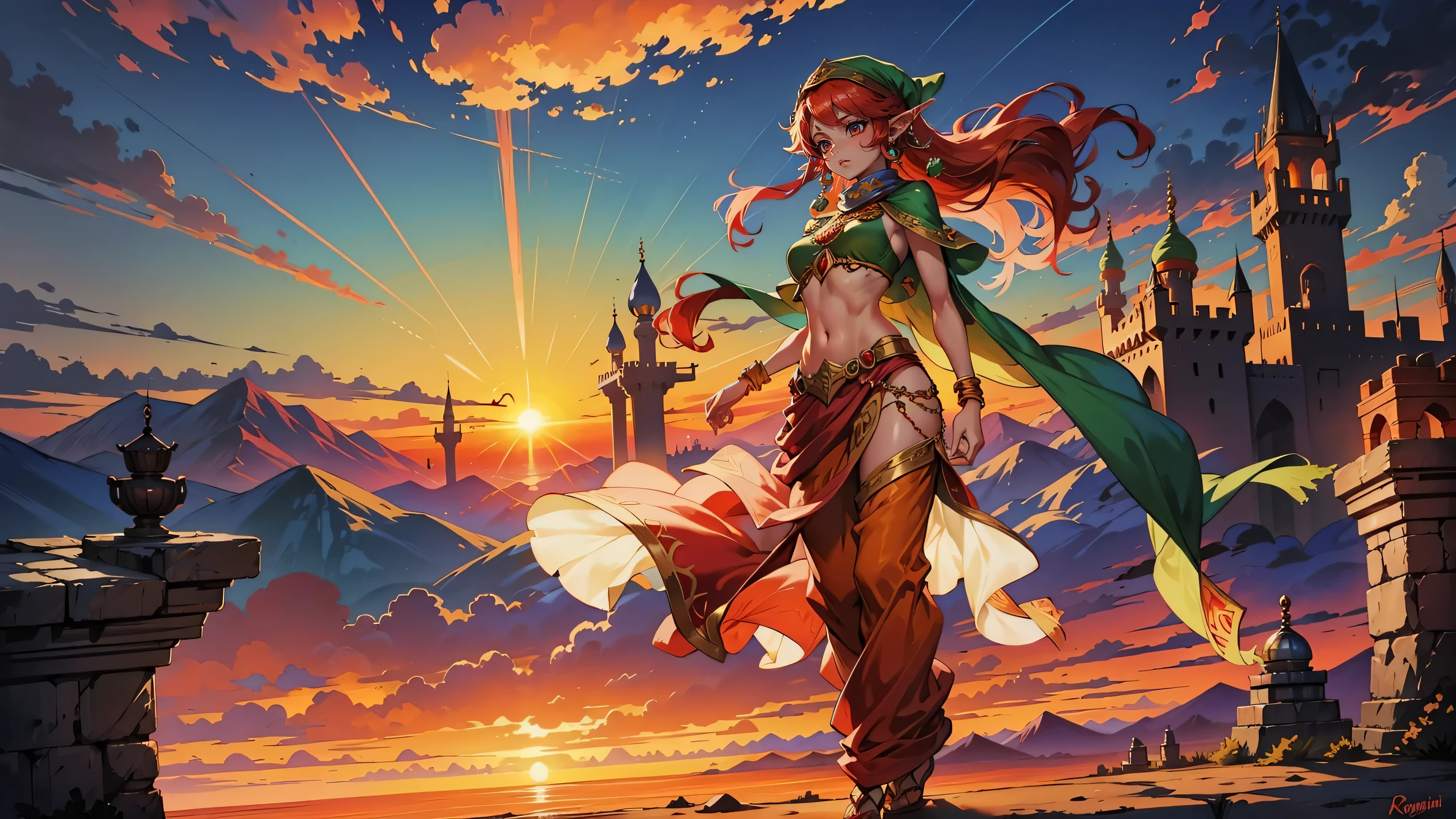 sunrise,colorful sunrise,female ,red hair ,full body,elf girl, jewels , arabian clothes ,harem pants,turban on head, arabian nights influenced,vibrant colors,vivid light arabian castle,sky clouds