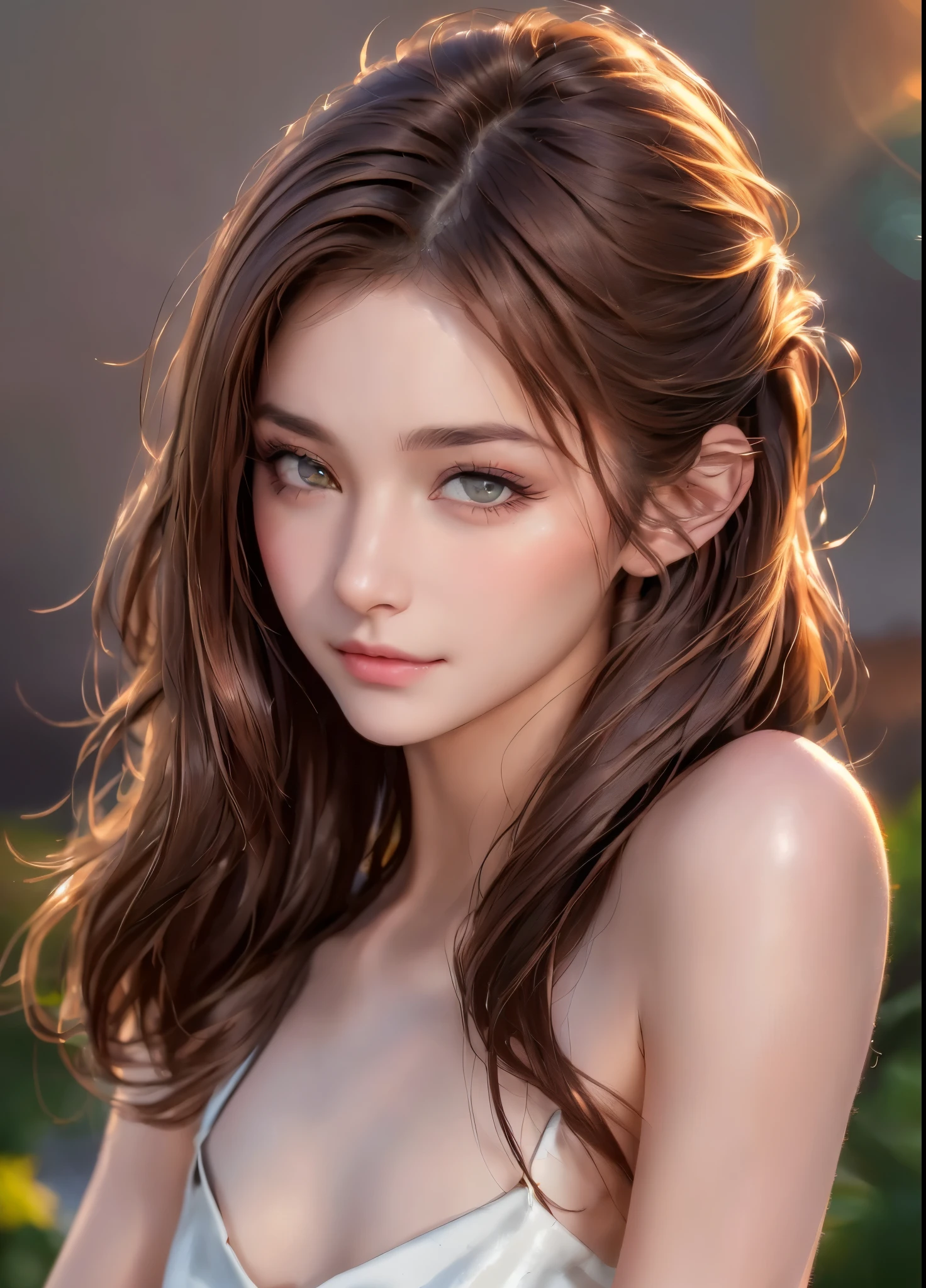 (best quality)), perfect face, (closeup portrait shot), a beautiful solo 18-year-old girl faces the viewer with lurid brown eyes and supple lips parted in a lascivious smile, lustrous dark auburn hair billows over her shoulders, she is wearing no clothing, ((small breasts )), perfect body, intense detail, extremely realistic