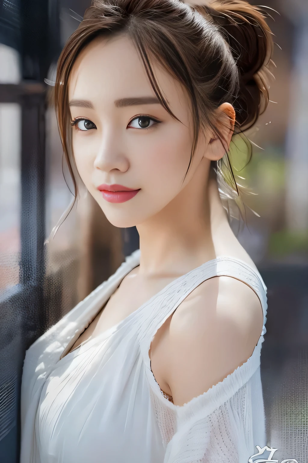 ((highest quality, 8k, masterpiece: 1.1)), attractive appearance, beautiful clear eyes, ((delicate ponytail)), (wet wear: 1.1),  fine band lace: 1.1, Highly detailed face and skin texture, narrow eyes, double eyelid, Whitening skin, smile, wearing a necklace,