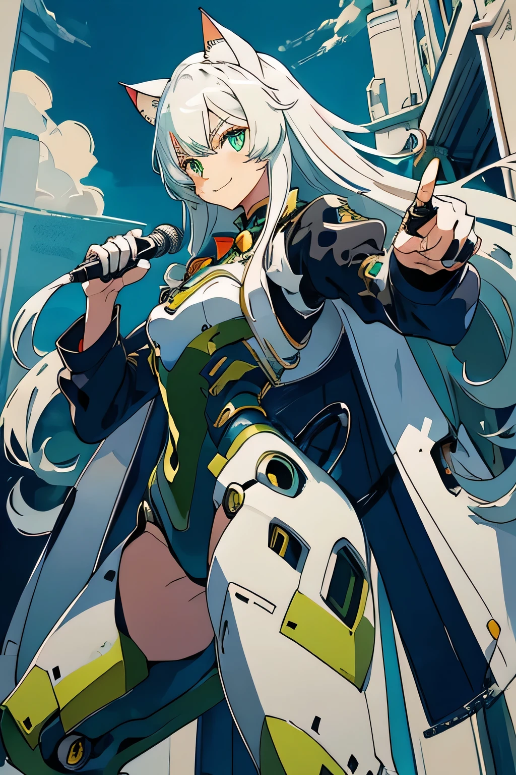1 Cat-eared maid wearing a mecha suit, Slender fuselage,shining eyes, ((cool pointing pose)),I have a karaoke microphone,camouflage, green and white body,((cat ears long hair)),battlefield concept art ,ink art, flat color, high contrast, fashion absurdity, highest quality, negative space,Against the background of blue sky and white clouds,With a big smile,