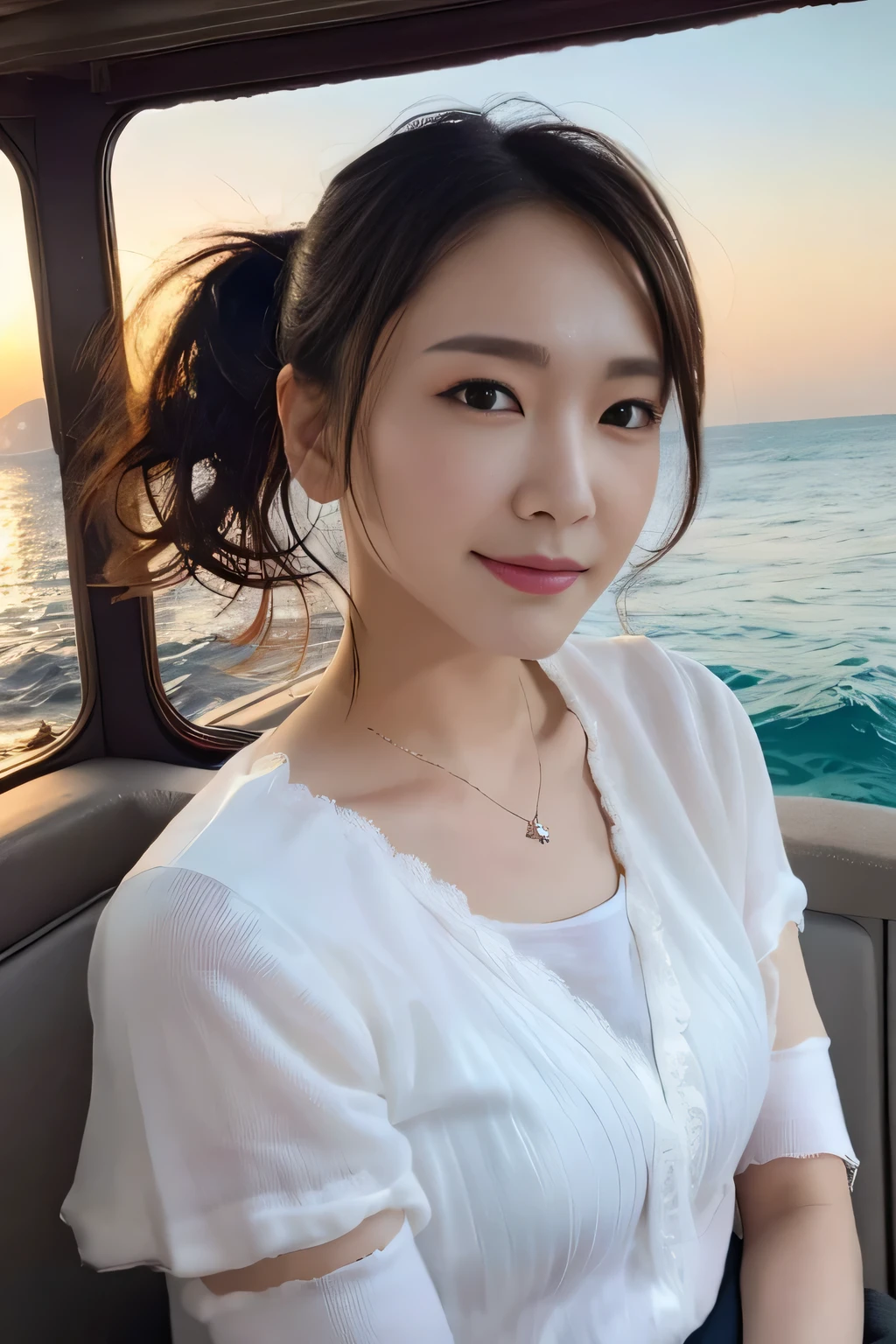 ((highest quality, 8k, masterpiece: 1.1)), attractive appearance, beautiful clear eyes, ((delicate ponytail)), (wet wear: 1.1), (boat, Ocean: 1.3), fine band lace: 1.1, Highly detailed face and skin texture, narrow eyes, double eyelid, Whitening skin, smile, wearing a necklace,