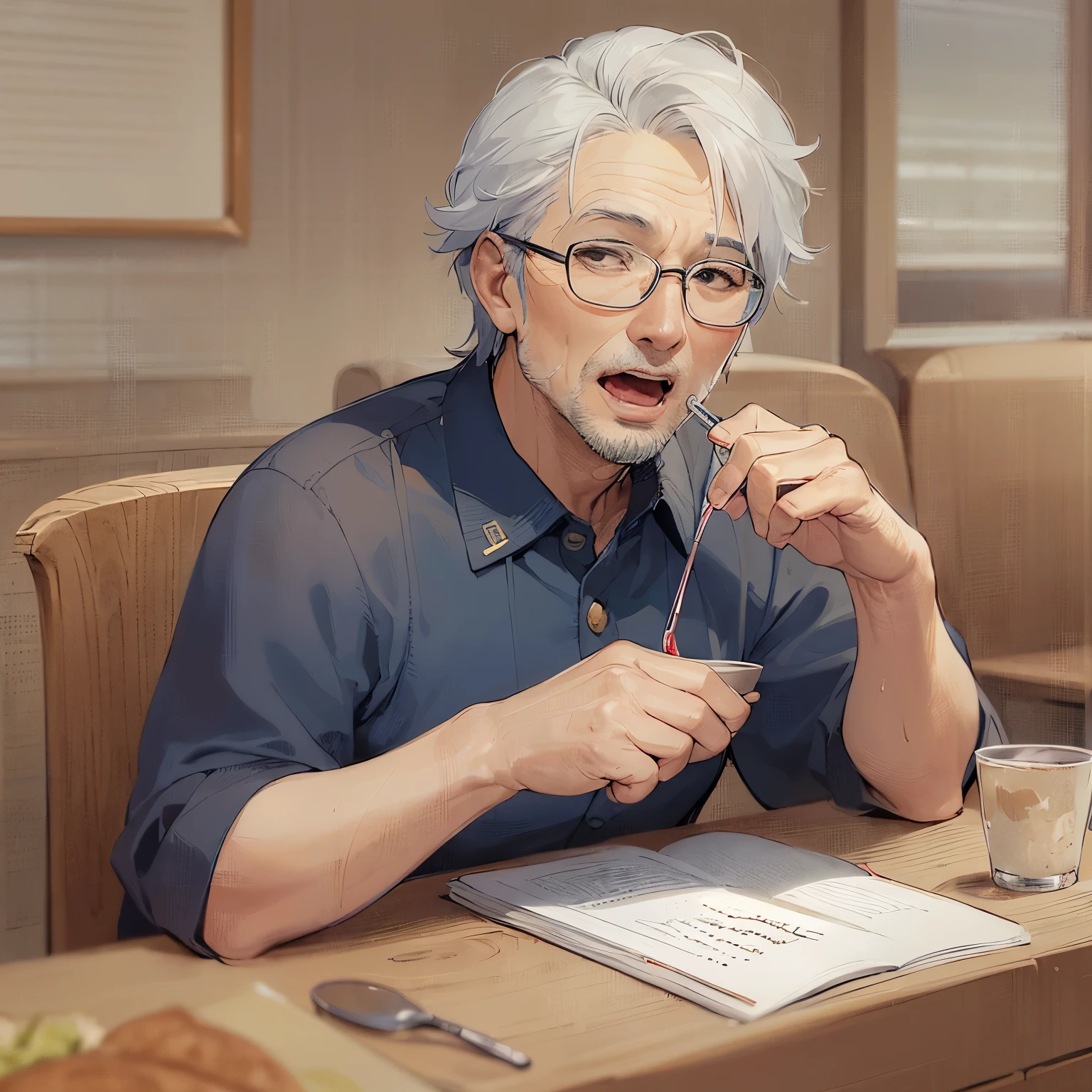 60 year old old man with white hair、wearing a navy blue long-sleeved shirt、annoyed、open mouth, The background is a restaurant、sitting