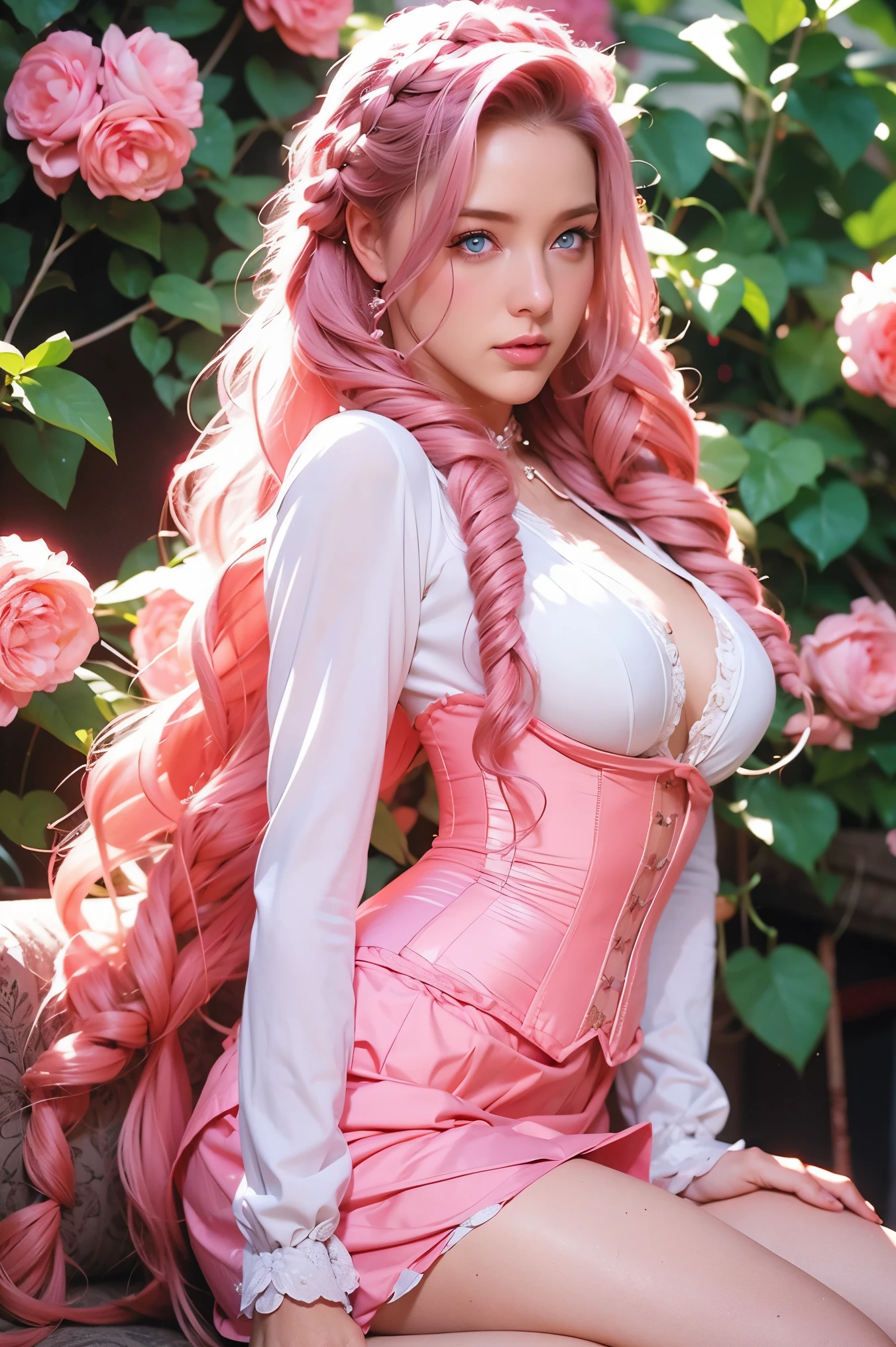 Woman, long curly hair, pink hair, braided hair, corset outfit, short skirt, sexy,Flowers around , Blue eyes, highlighted eyes