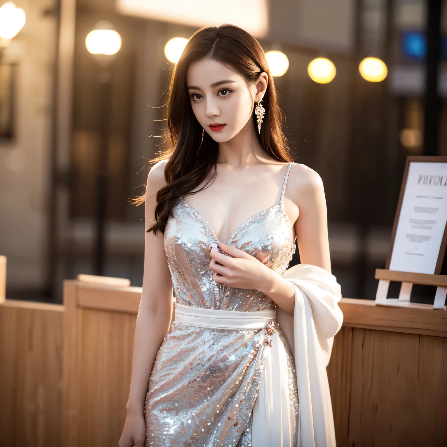 ((top quality、8k、​Masterpiece:1.3))、Extremely delicate and beautiful girl，full-body shot，huge breasts，bigger breasts，amazing breast size，H cup，Long skirts，sunset，sunset。Wear big earrings，Very white skin，moist red lips，Waist is very thin，Thighs are very thin，Big hips，Reveal a little，White and smooth skin，Smooth and fair skin，flawless skin，Fair and shiny skin，cold white skin，The camera focuses on the chest，bright light