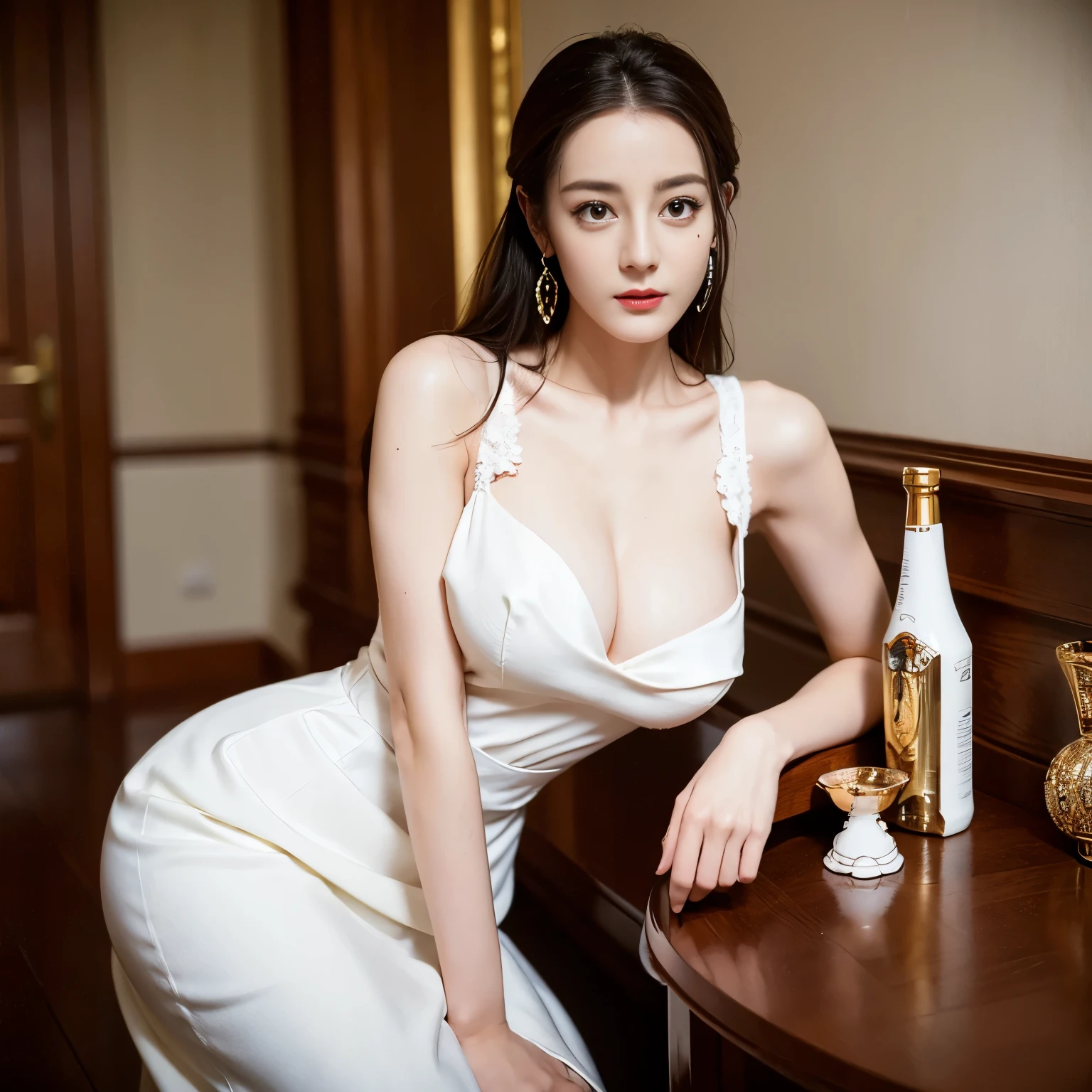 ((top quality、8k、Masterpiece:1.3))、Extremely delicate and beautiful girl,full-body shot,huge breasts,bigger breasts,amazing breast size,H cup,Long skirts,sunset,sunset。Wear big earrings,Very white skin,moist red lips,Waist is very thin,Thighs are very thin,Big hips,Reveal a little,White and smooth skin,Smooth and fair skin,flawless skin,Fair and shiny skin,cold white skin,The camera focuses on the chest,bright light