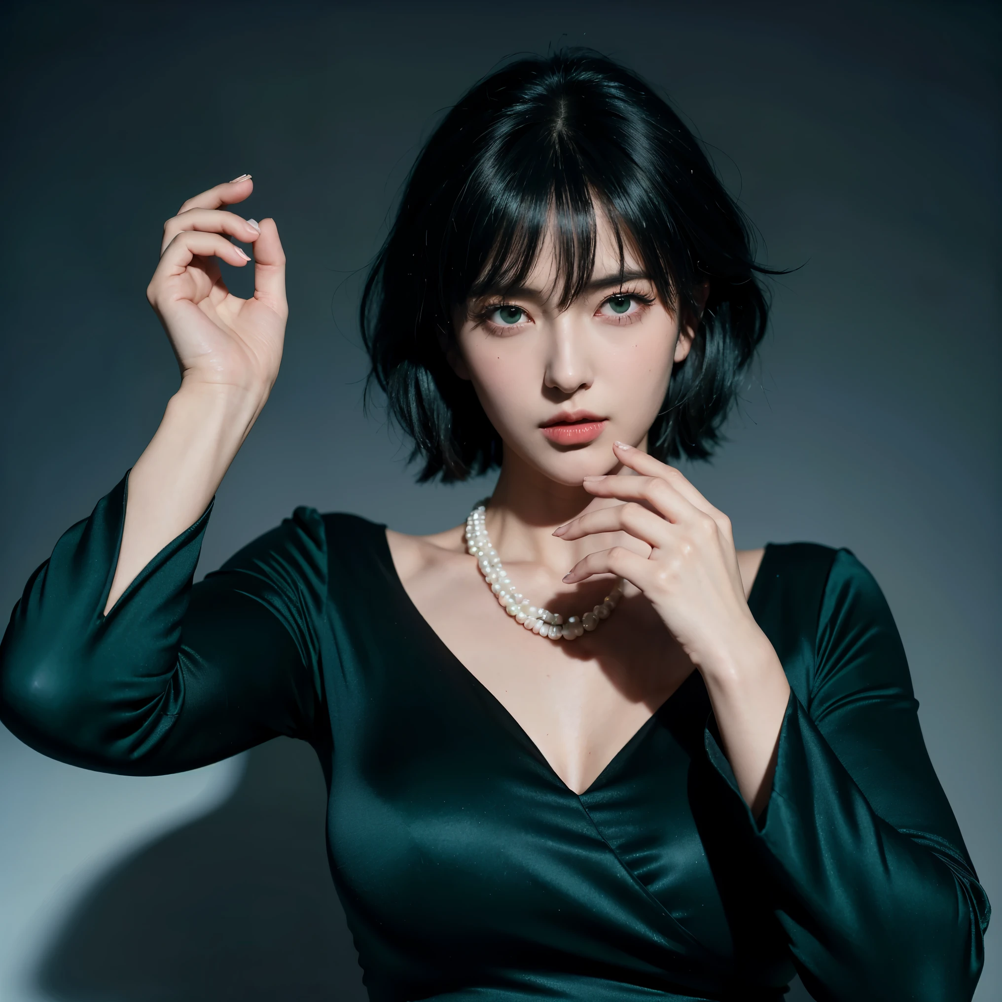 fubuki,,fubuki (One Punch Man),女性one person、one person、one person女子、beautiful face、1 girl、big breasts、elegant adult woman、beautiful woman、big breasts、Dark green long dress、long sleeve、pearl necklace、standing position