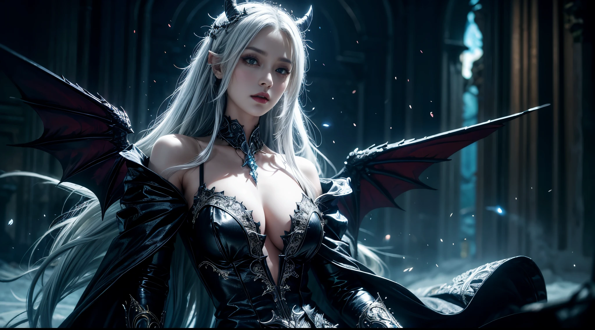 original photo, (best quality:1.3), high resolution, (masterpiece), (lifelike:1.4), Professional photography, sharp focus, high dynamic range, 8k resolution, intricate details, Exquisite details, depth of field, Extremely detailed CG unified 8k wallpaper, masterpiece,poster,best quality,official art,(Beauty and Aesthetics:1.2),(masterpiece:1.3),World of Warcraft,Succubus,individual,Complex mage robes,Glowing scepter,magic,close distance,night sky,white hair,dramatic,black feather wings,big breasts,Succubus