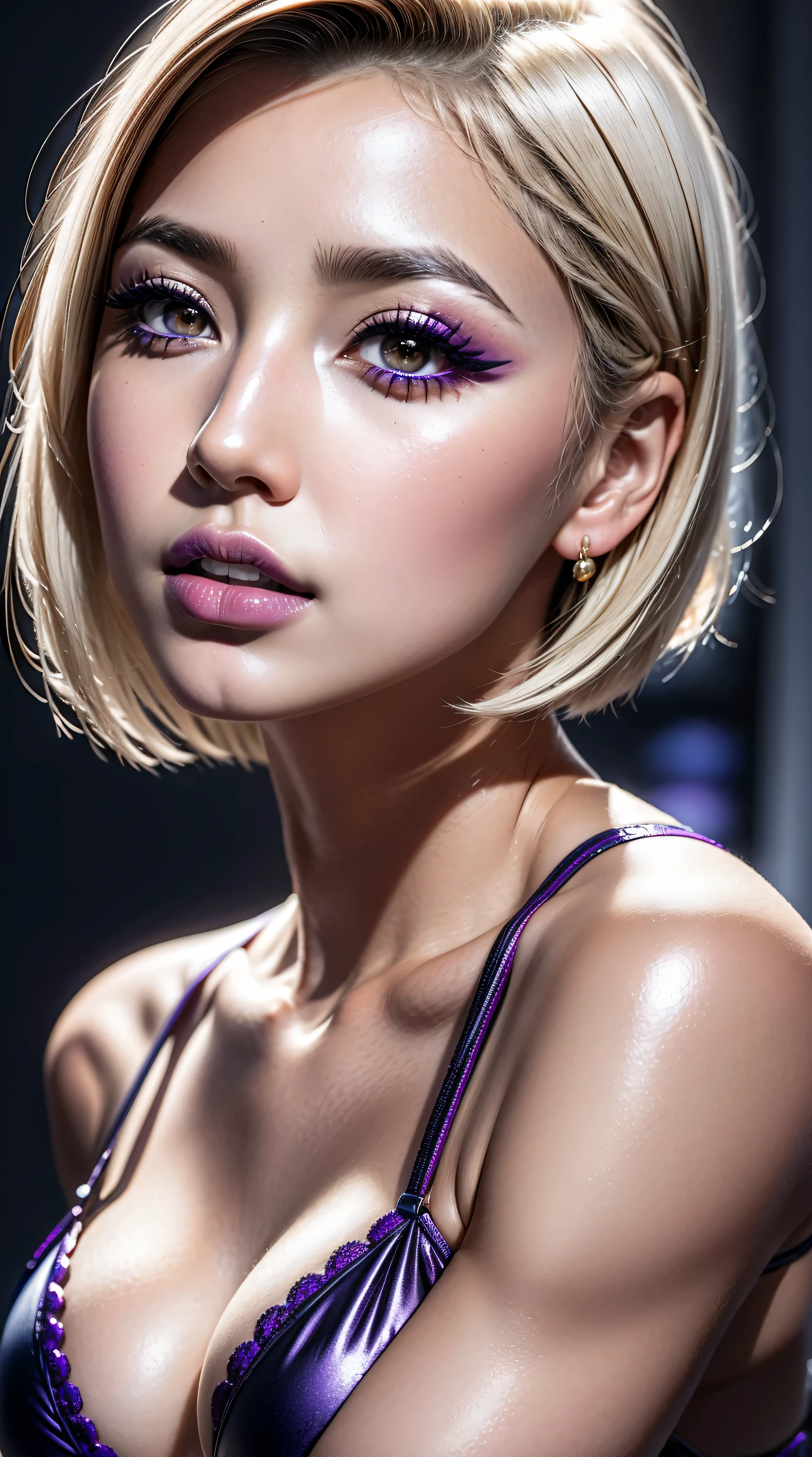 ((perfect round eyes))、dressed, (photo realistic:1.5), (realistic:1.5), (smoother lighting:1.05), (increase cinematic lighting quality:0.9), 32K, 1girl,25yo girl, realistic lighting, backlighting, light on face, ray trace, (brightening light:1.2), (Increase quality:1.15), (best quality real texture skin:1.25), (finely detailed eyes), finely detailed face, (finely quality eyes), (tired and sleepy and satisfied:0.0), ((face closeup:1.3)), (detailed lips:1.33)、(Detailed nose:1.2)、bikini, korean girl, (Increase body line mood:1.1), (Increase skin texture beauty:1.18), (pink_makeup:1.35), (2long_blue_eyeliner:1.33), red_lipstick:1.45、there a close up of a woman's (eye with a digital rendering), ((perfect dark_purple_eyeshadows:1.32)),  iridescent eyes, with professional makeup, vibrant eyes:1.1, ((Glamour, paparazzi taking pictures of her), (very complicated Extravagant street outfit), The attention to detail, Double eyelids, Wear an off-the-shoulder top, full bodyesbian，((White short hair:1.43)), ((brown_eyes:1.5)), contrast、 (dark shot:1.15)、 UHD, Extremely detailed, voluminetric warm lighting,