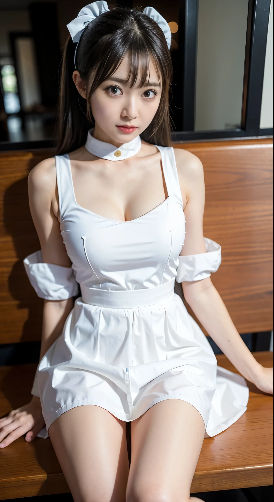 There is a woman sitting on a bench in a restaurant, spread legs,show white panties,sexy,anna millers uniform、penis、She is raising her right knee and showing her white panties.、spread your legs,show white panties,penis、thin waist、big exy ponytail、penis、Sexy、Girl to La(Girl and La)(Girl and La)(Girl and La)(Girl and La)(Girl and La), Ayaka cosplay, white and orange breastplate, maid dress, anime girl cosplay, , wearing a maid outfit, cosplay, maid costume, maid costumeを着たアニメの女の子