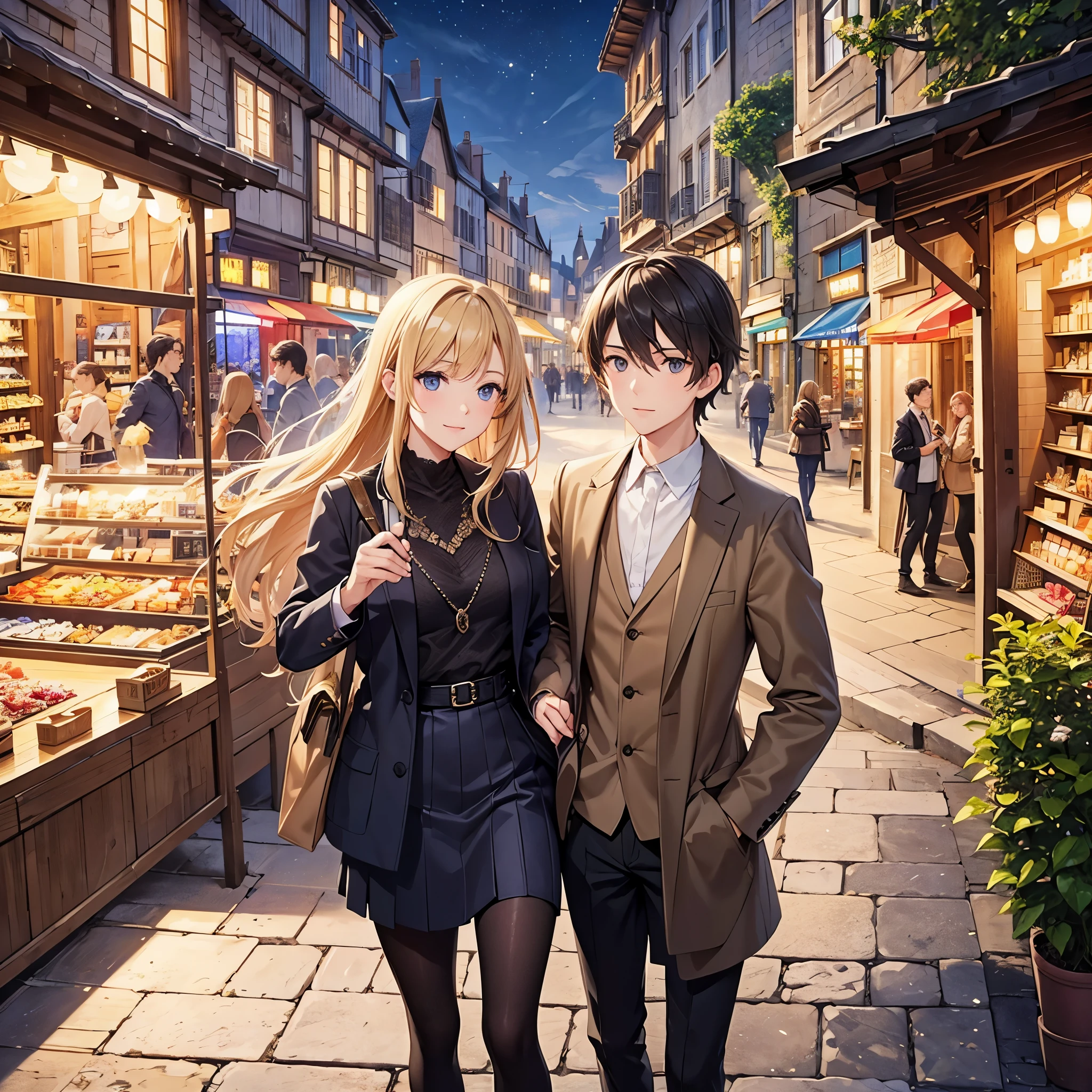 Modern casual wear heroine,Handheld selfie stick,Facing travel choices,Ancient European city street background,Market stalls,antique handicrafts,sunshine stone road,medieval architecture,ancient castle,Some gentlemen boys,The right to choose,as《midnight in paris》sense of time travel,With a hint《love at dawn》romantic encounter。