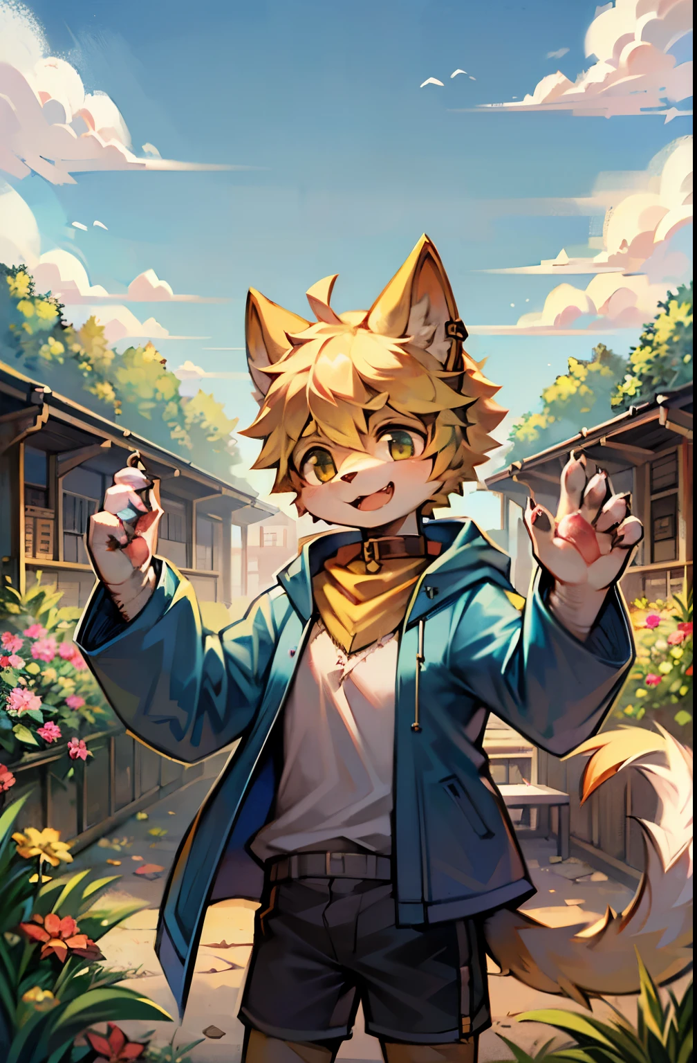 site, garden, Good bandage, short hair, blonde, Alcohol, flare collar, earphone, lower body, , hairy, Cat ears, open mouth, cloud, Sky, Sky, sun, In the summer, No spots, cubs, Yellow hair everywhere, There's fur everywhere, Cat ears, Cat type, hairy大尾巴, masterpiece, high quality portraits, number, cub, beard, boys, wind, posture, panoramic, Sky blue coat, gray shorts, yellow scarf, White shirt, super cute face, hand, meat pad, layered, hairy