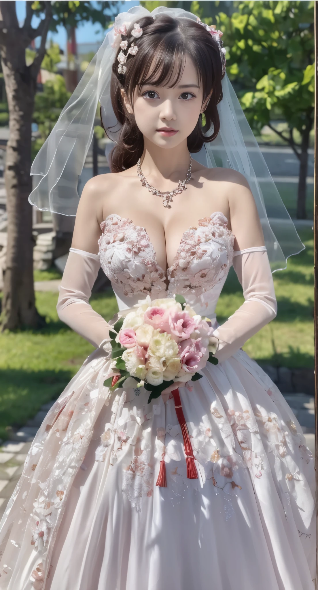 (((Pixel perfect, Perfect details))), alone, 1 girl, yuigahama yui,  Close-up of beautiful bride wearing beautiful wedding dress,Gurwitz, (bridal veil:1.5），（transparent short veil：1.5），blush，eye shadow，Blushing face，Head flower，headgear，bouquet，（tube top wedding dress：1.5），（silk dress：1.2）,（strapless wedding dress：1.5）,pure white dress，necklace，earrings，(large breasts:1.3)，Bangs，lipstick，（White long elbow gloves：1.4）,whole body照,High-detail RAW color art,White long skirt，whole body，(china street:1.3),18 years old, （long twintails：1.5）,(double bun:1.5), black hair