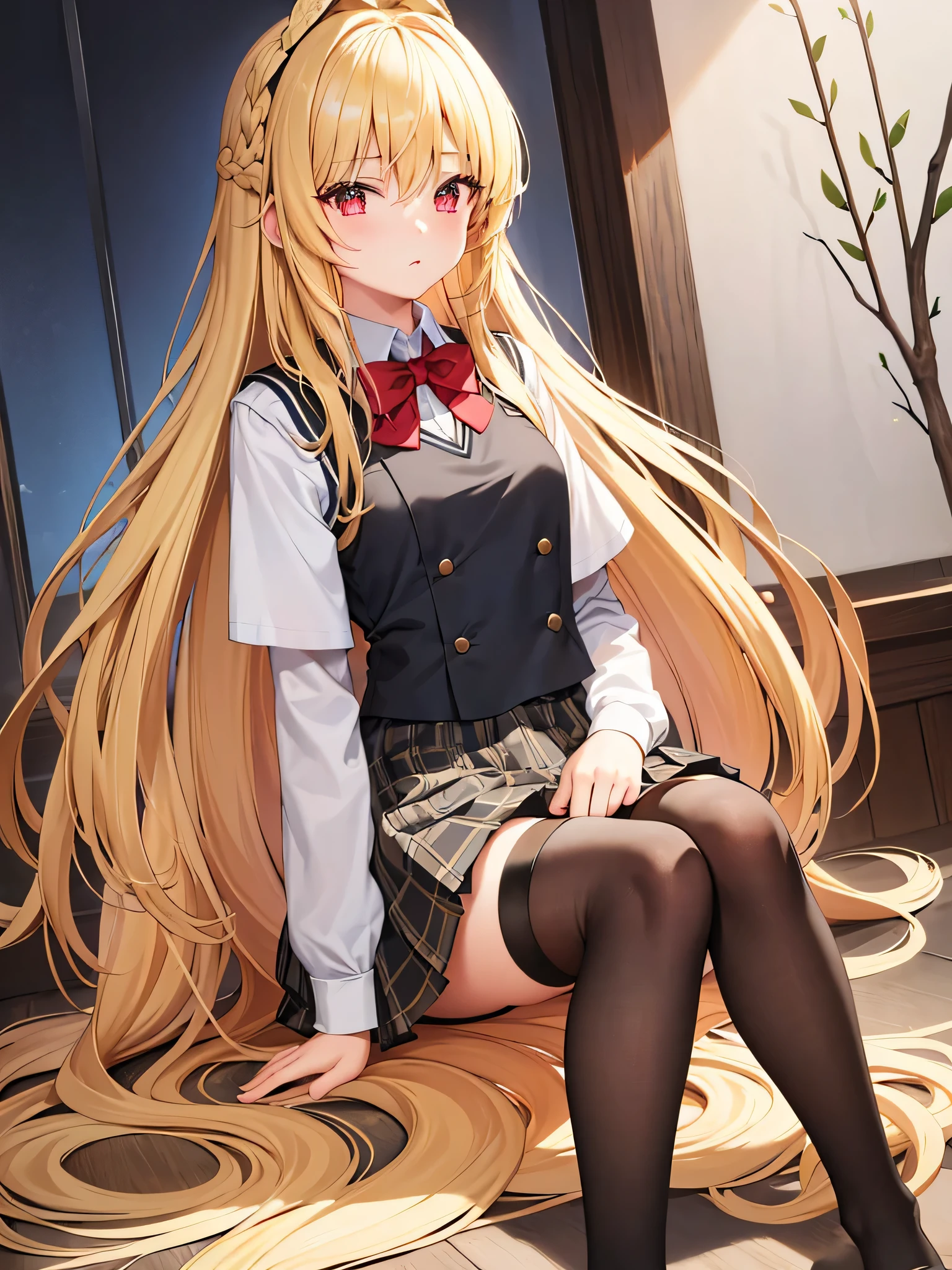 (masterpiece:1.6, best quality), (Exquisite and beautiful eyes: 1.2), Payami, Amish, 1 girl, long hair, alone, uniform, hair accessories, hair between eyes, one side up, blonde hair, very long hair, skirt, red eyes, thigh strap, sweater vest, lattice skirt, lattice, sock, one side up, hair accessories, pleated skirt, knee socks
,