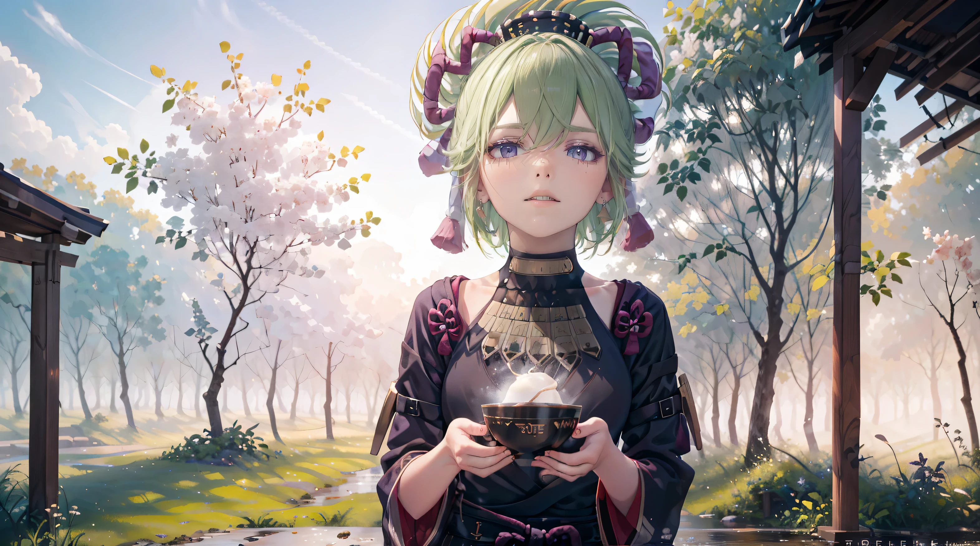 (best quality,8k,height,Masterpiece:1.2),(realistic,photorealistic,photo-realistic:1.37), In purple eyes, Classic maid outfit, Traditional Japanese Bakery,Beautifully detailed eyes,happiness,glowing eyes,smile,บรรยากาศquiet,Traditional Japanese clothing,work(best quality,Full range,advert:1.2),bright and warm,Sweet and sleepy,happinessบริบูรณ์,รอยsmileสดใส,cherry tree,quiet,aroma,dreamlike,bright colors,delicate light,Traditional Japanese tea set,Lively atmosphere