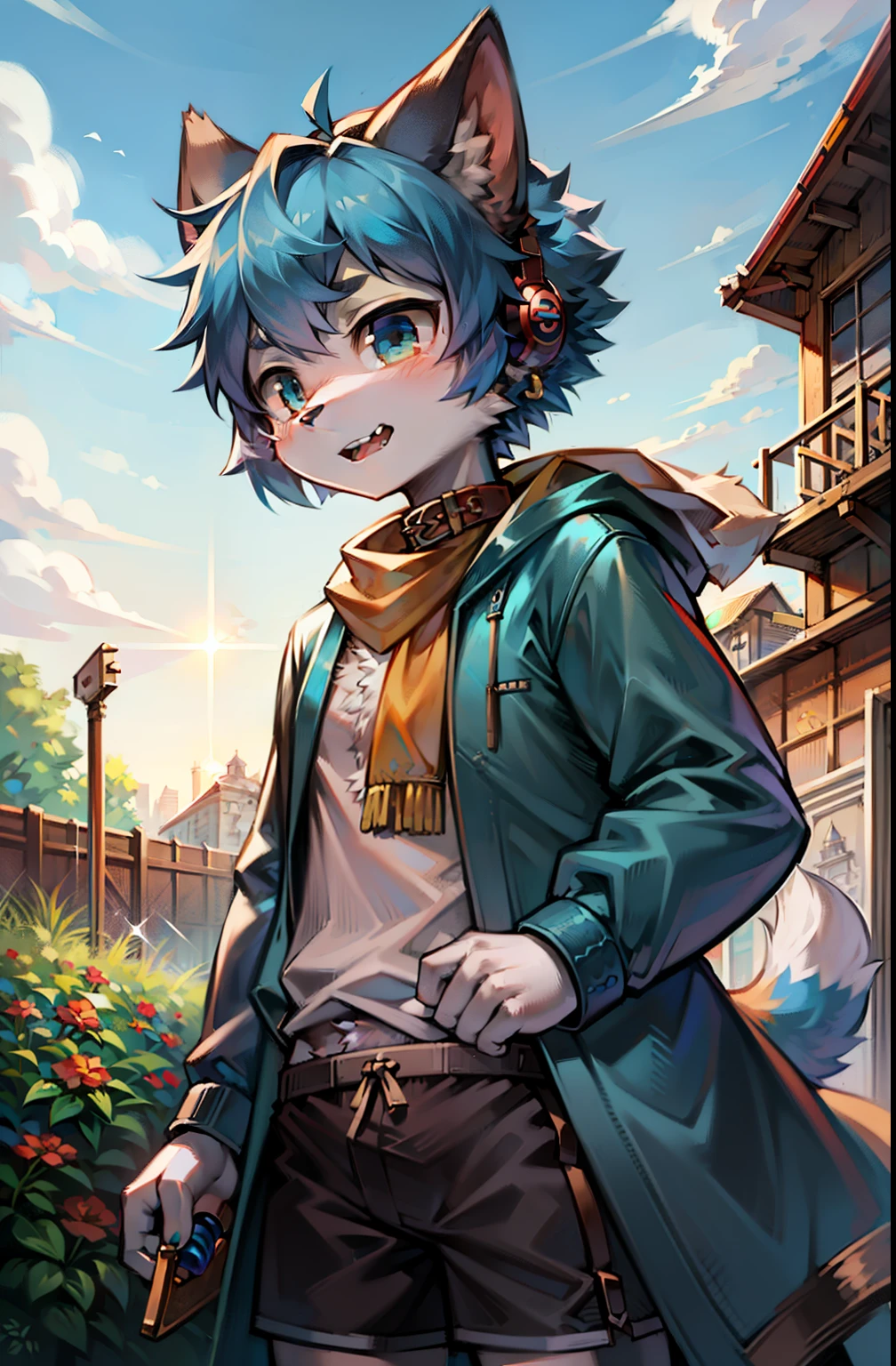 venue, garden, OK Bandage, short hair, blue haired girl, ahog, flare collar, earphone, lower body, , hairy, Cat ears, open mouth, cloud, Sky, Sky, sun, In the summer, No spots, cubs, blue hair everywhere, There's blue fur everywhere, Cat ears, Cat type, hairy大尾巴, masterpiece, high quality portraits, figure, cub, beard, boy, wind, posture, panoramic, Sky blue coat, gray shorts, yellow scarf, White shirt, super cute face, hand, meat pad, layered, hairy
